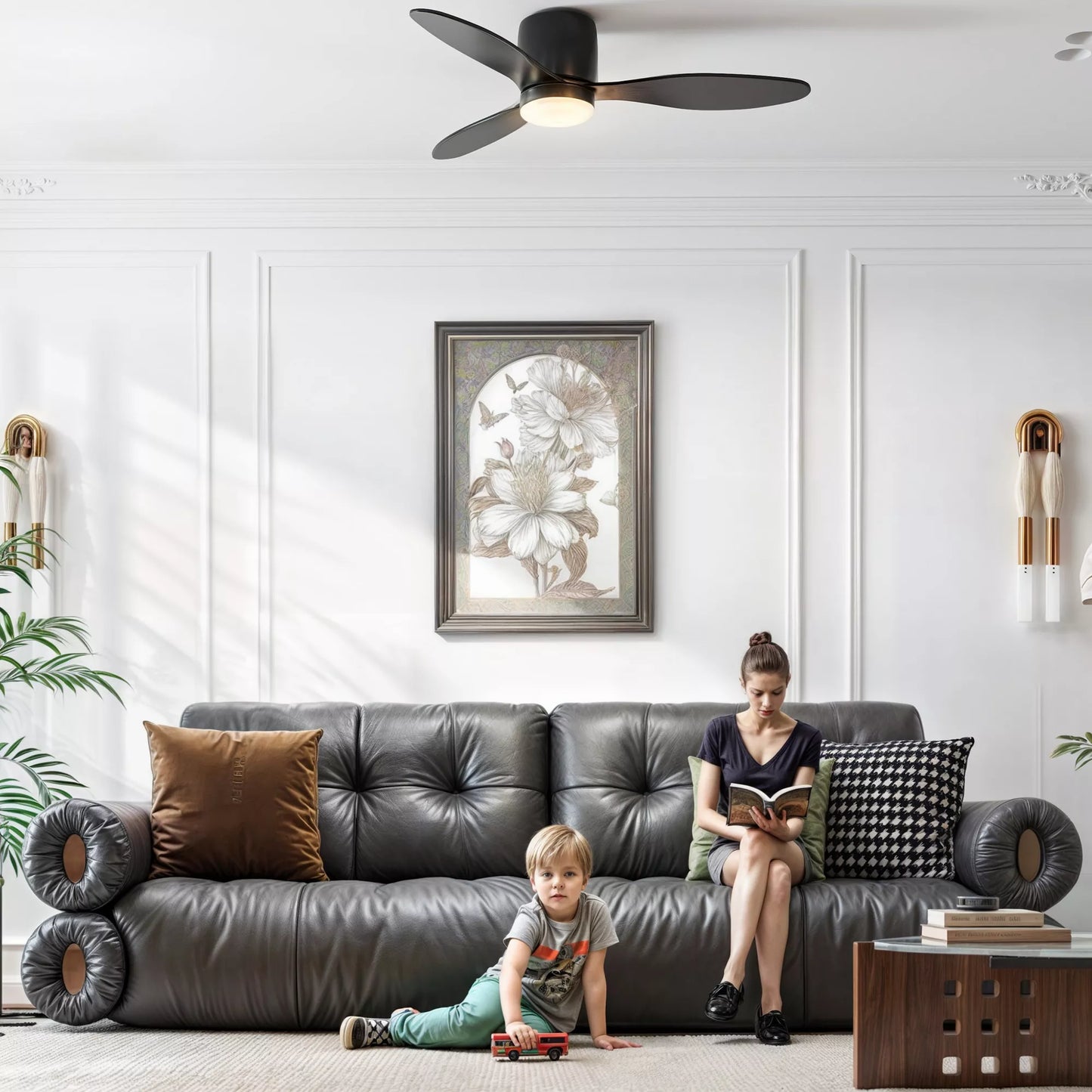 Lubų ventiliatorius su šviestuvu ir nuotolinio valdymo pulteliu, 3 šviesos spalvos, 6 greičiai, reguliuojamas ryškumas, juodas