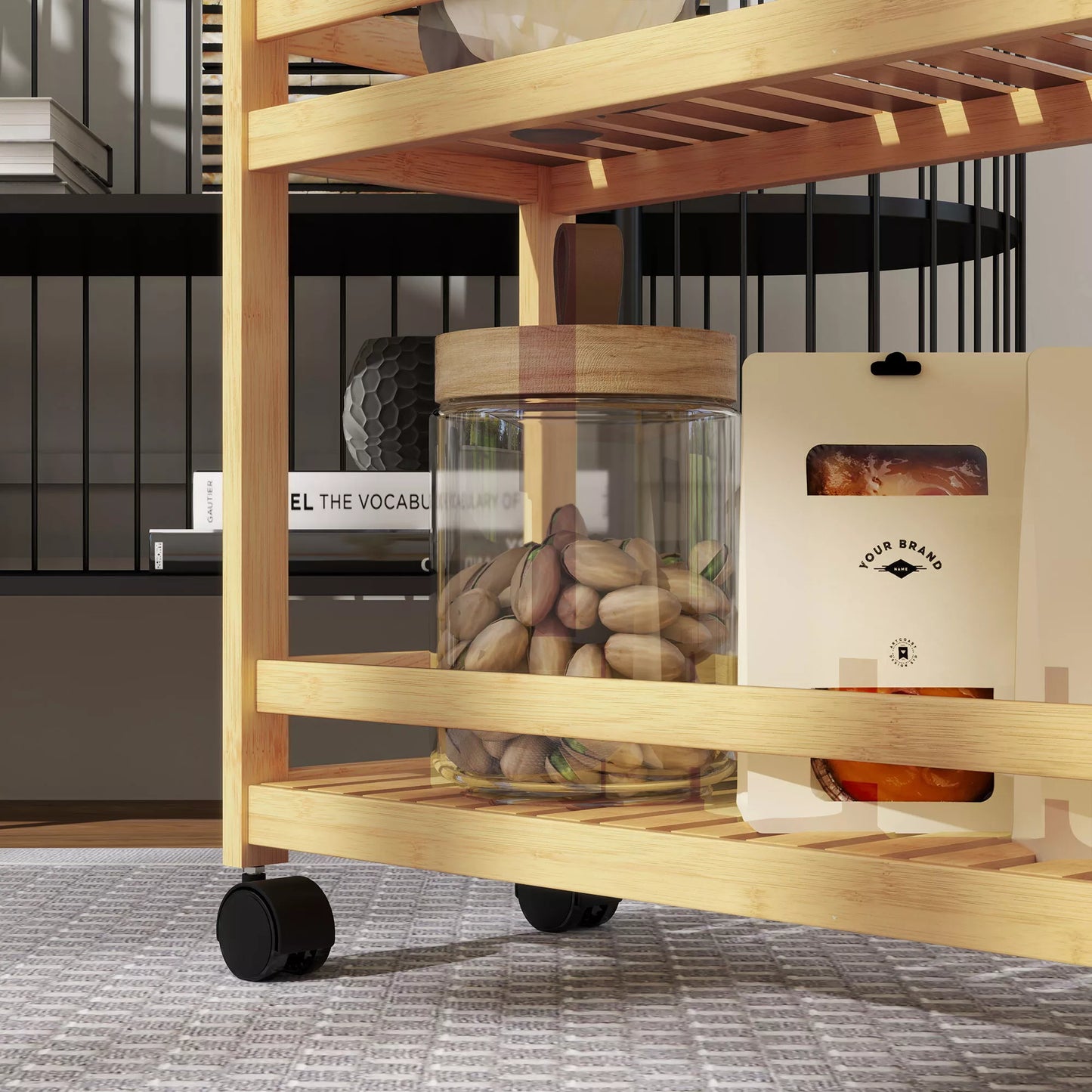 Serviravimo vežimėlis, 3 aukštai, grotelės, apsauga nuo iškritimo, bambukas, 55 x 20 x 75 cm