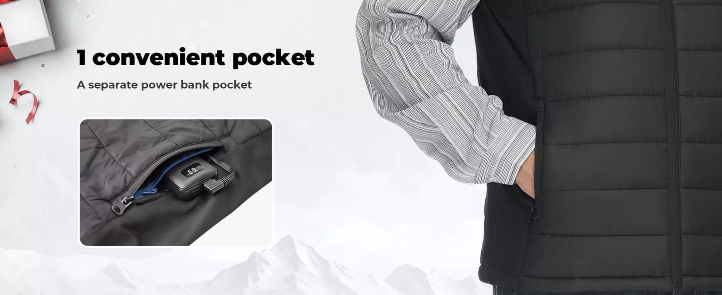 Šildoma vyriška liemenė su baterija 9600 mAh, L dydis, vyriška įkraunama šildoma liemenė, žygiams, medžioklei