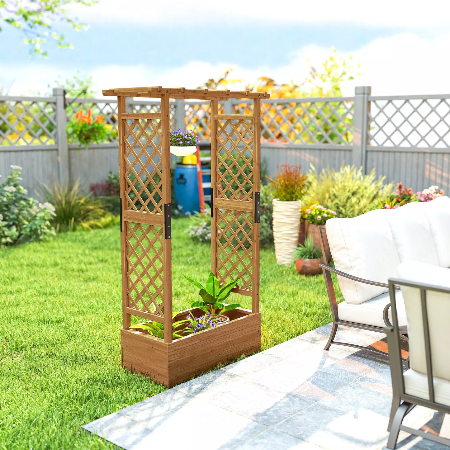 Pakelta lysvė su arka, grotelėmis ir stogeliu, vijokliniams augalams, medis, 110 x 44 x 181 cm, oranžinė