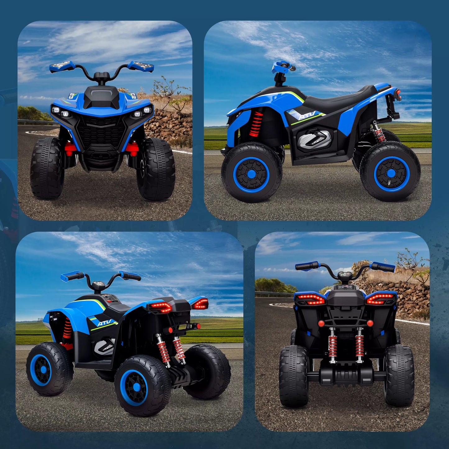 Elektrinis keturratis vaikams, 3-6 km/h, LED žibintai, muzika, USB, 3-8 metų amžiaus, mėlynas