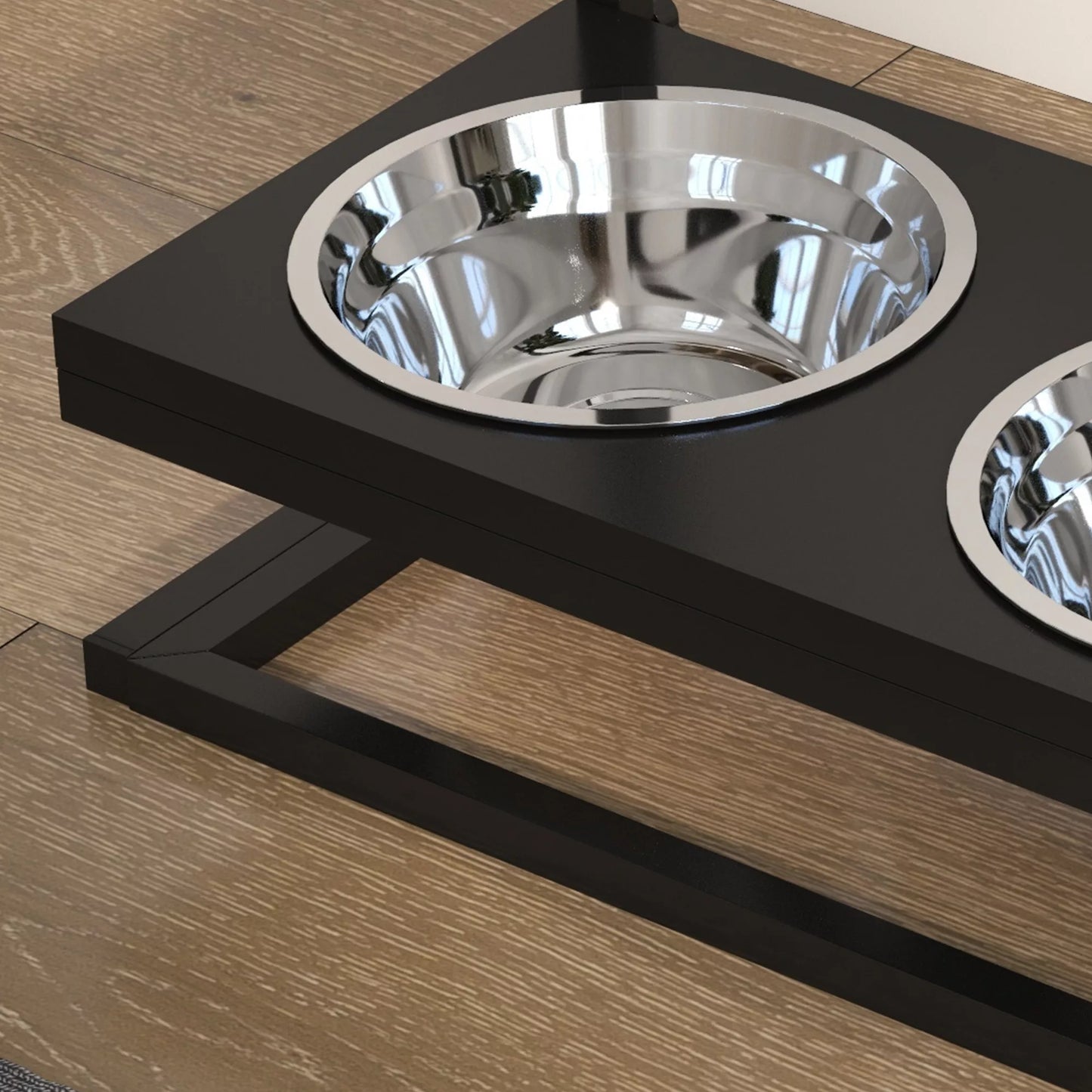 Šėrimo stotelė Paaukštinti maisto indeliai Nerūdijančio plieno dubenėliai, 40,5 x 22 x 39 cm, Juoda + Sidabrinė