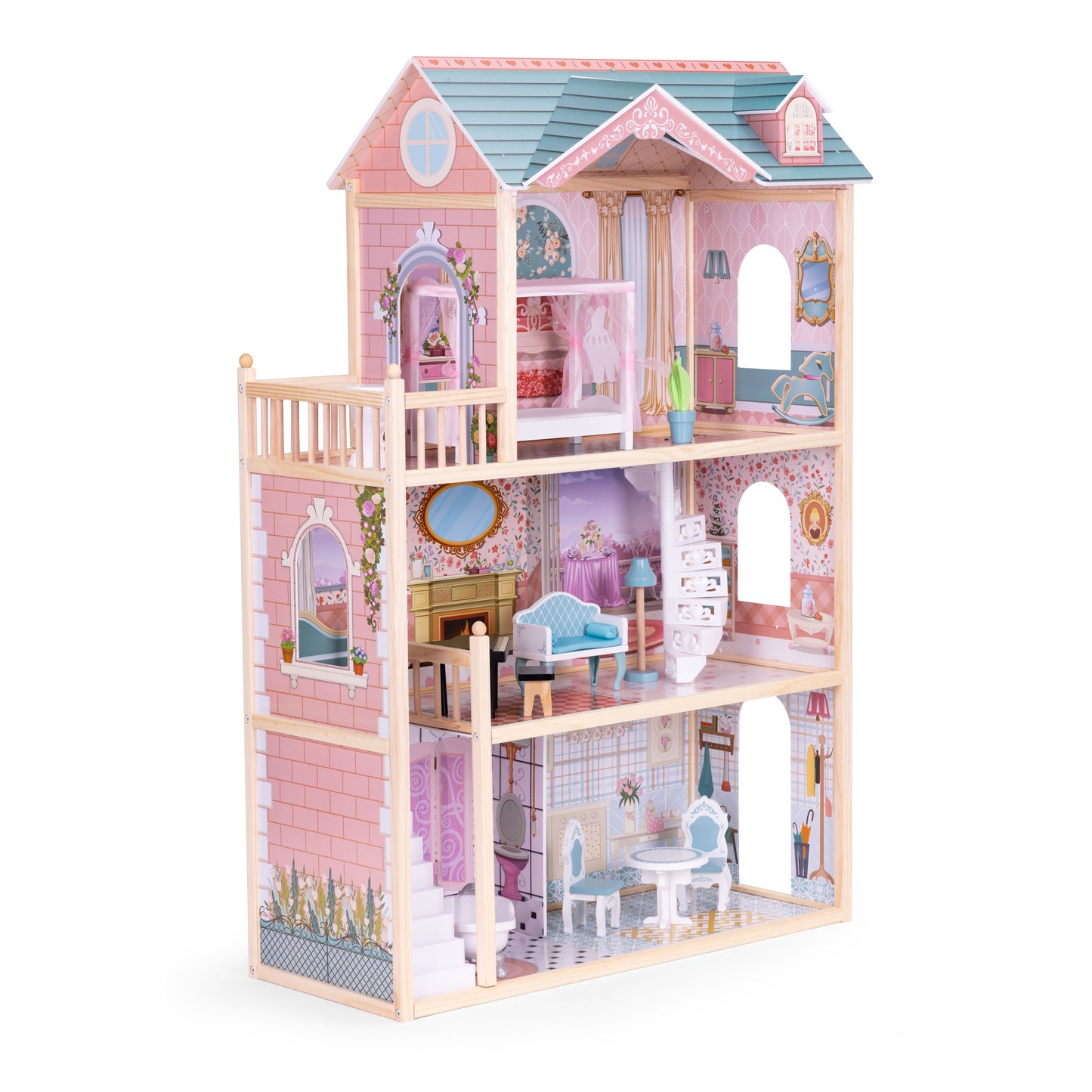 Didelis medinis lėlių namas, 3 aukštų, su 11 baldų komplektu, ECOTOYS