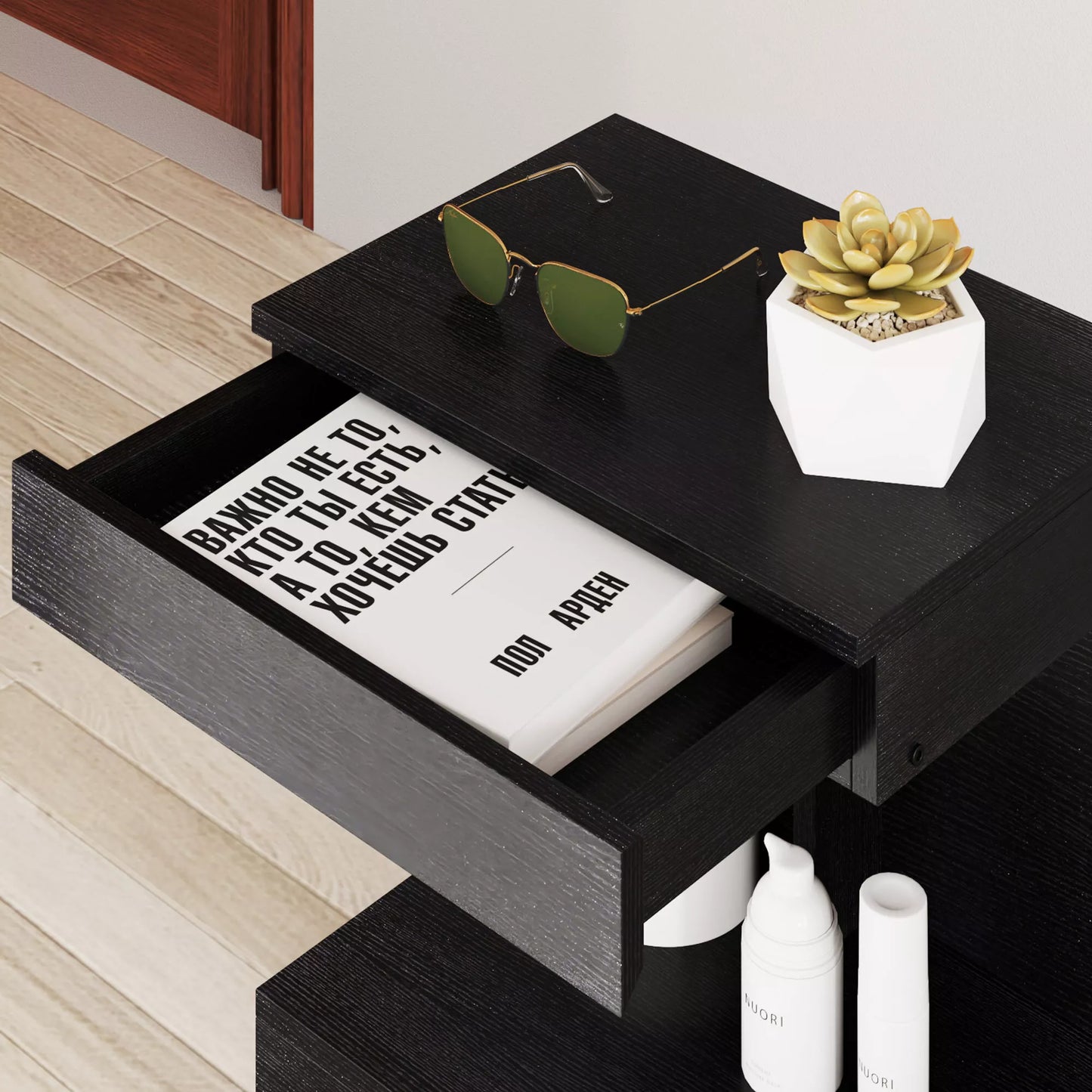 Naktinis staliukas, pagalbinis staliukas su stalčiumi ir daiktų dėtuve, modernus sofos staliukas su lentynėle, skirtas įvairioms patalpoms, juodos spalvos