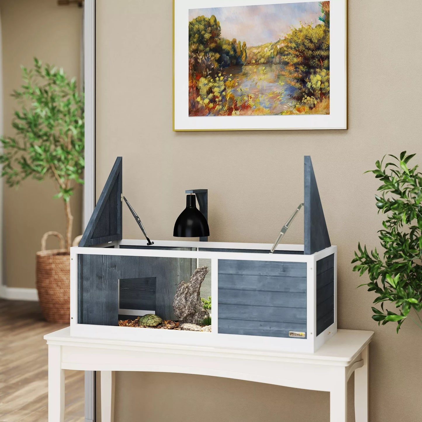 PawHut Vėžlių namelis su lengvai atidaromu viršumi, lempos laikikliu, permatoma priekine dalimi, 120 x 50 x 40 cm, Pilka