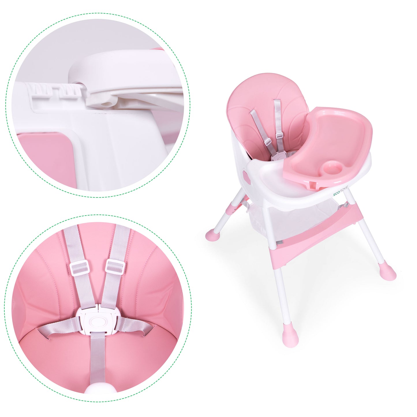 Vaikiška maitinimo kėdutė ECOTOYS 2-in-1 rožinė, 6–36 mėn.