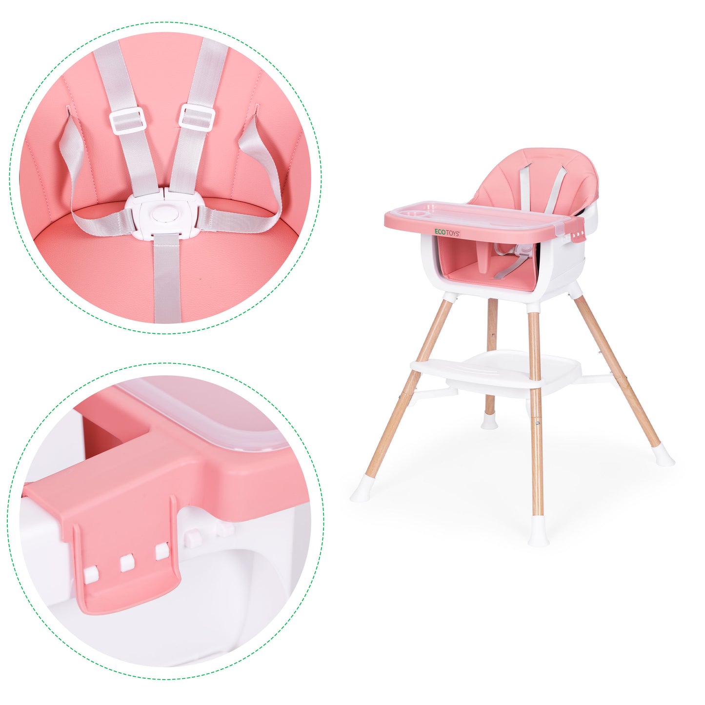 Vaikiška maitinimo kėdutė ECOTOYS 2-in-1 rožinė, 6–36 mėn