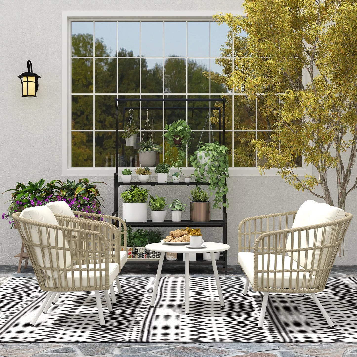 Lauko baldų komplektas iš poliratanio, Lounge komplektas su 2 vietų sofa, foteliu, stalu, pagalvėlėmis, atsparus oro sąlygoms, 4 žmonėms, chaki spalvos