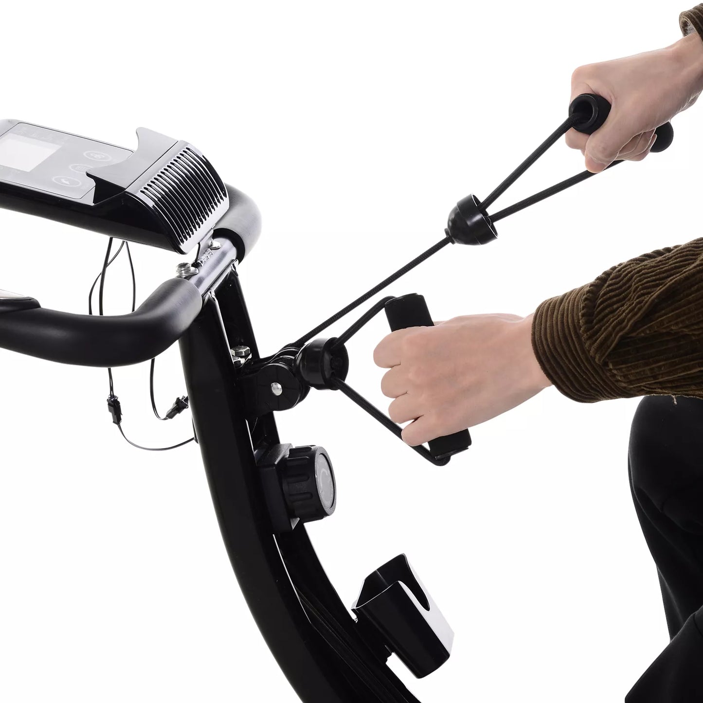 Namų treniruoklis X-Bike 2-in-1 dviračių treniruoklis su LCD ekranu, širdies ritmo monitoriumi, sulankstomas treniruoklis su 8 lygių magnetiniu pasipriešinimu, 1 pora tamprių diržų, plienas, juoda spalva, 105x48x118 cm