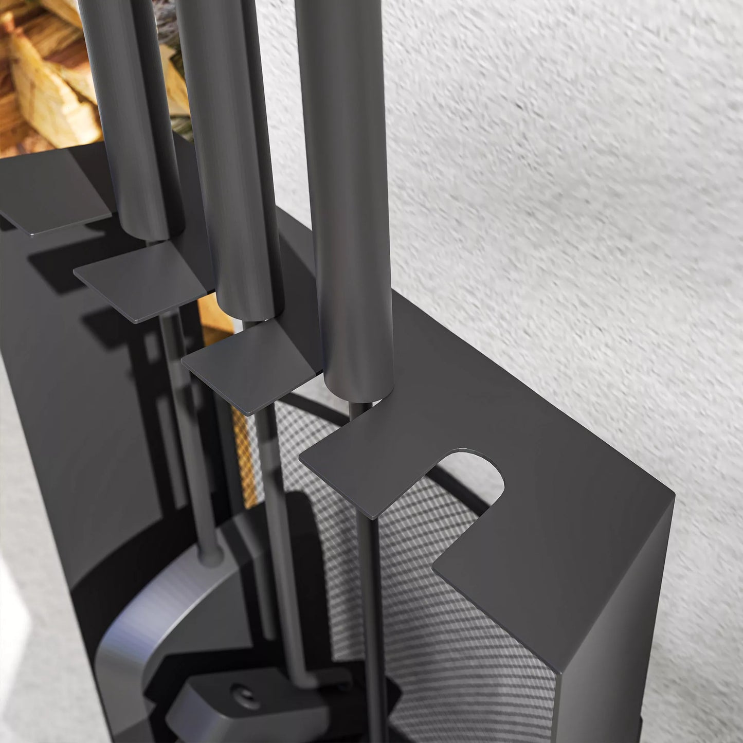 5 dalių židinio įrankių rinkinys, židinio priedai su šluota, kastuvu, pakūreliu, žnyplėmis, metalinis stovas, juodas