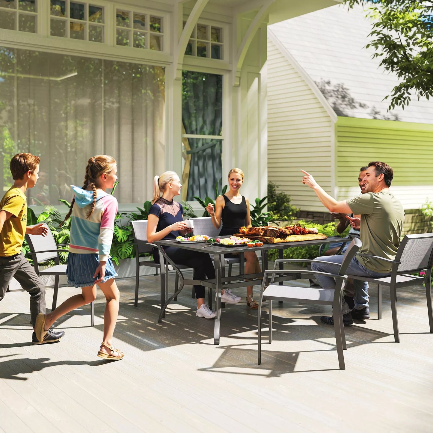 Sodo stalas 150x90 cm, atsparus oro sąlygoms, balkono stalas su skėčio anga, lamelinis dizainas, 6 žmonėms, juodas