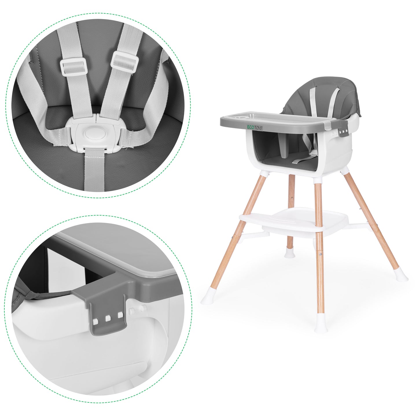 Vaikiška maitinimo kėdutė ECOTOYS 2-in-1 pilka, 6–36 mėn.