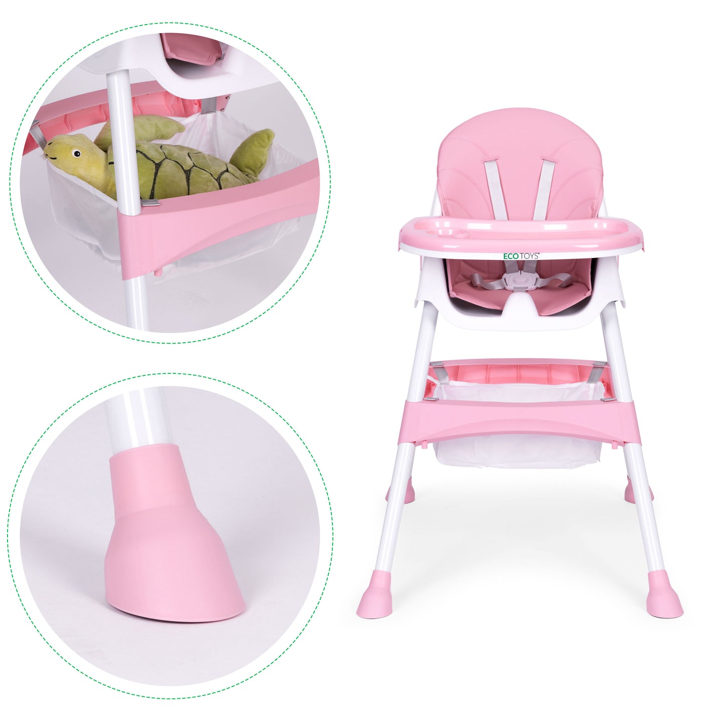 Vaikiška maitinimo kėdutė ECOTOYS 2-in-1 rožinė, 6–36 mėn.