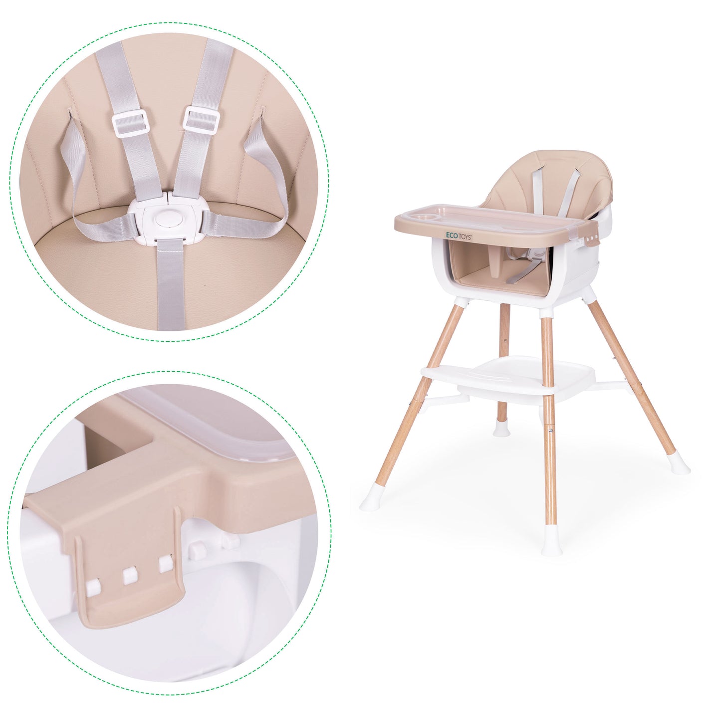 Vaikiška maitinimo kėdutė ECOTOYS 2-in-1 smėlio spalvos, 6–36 mėn.