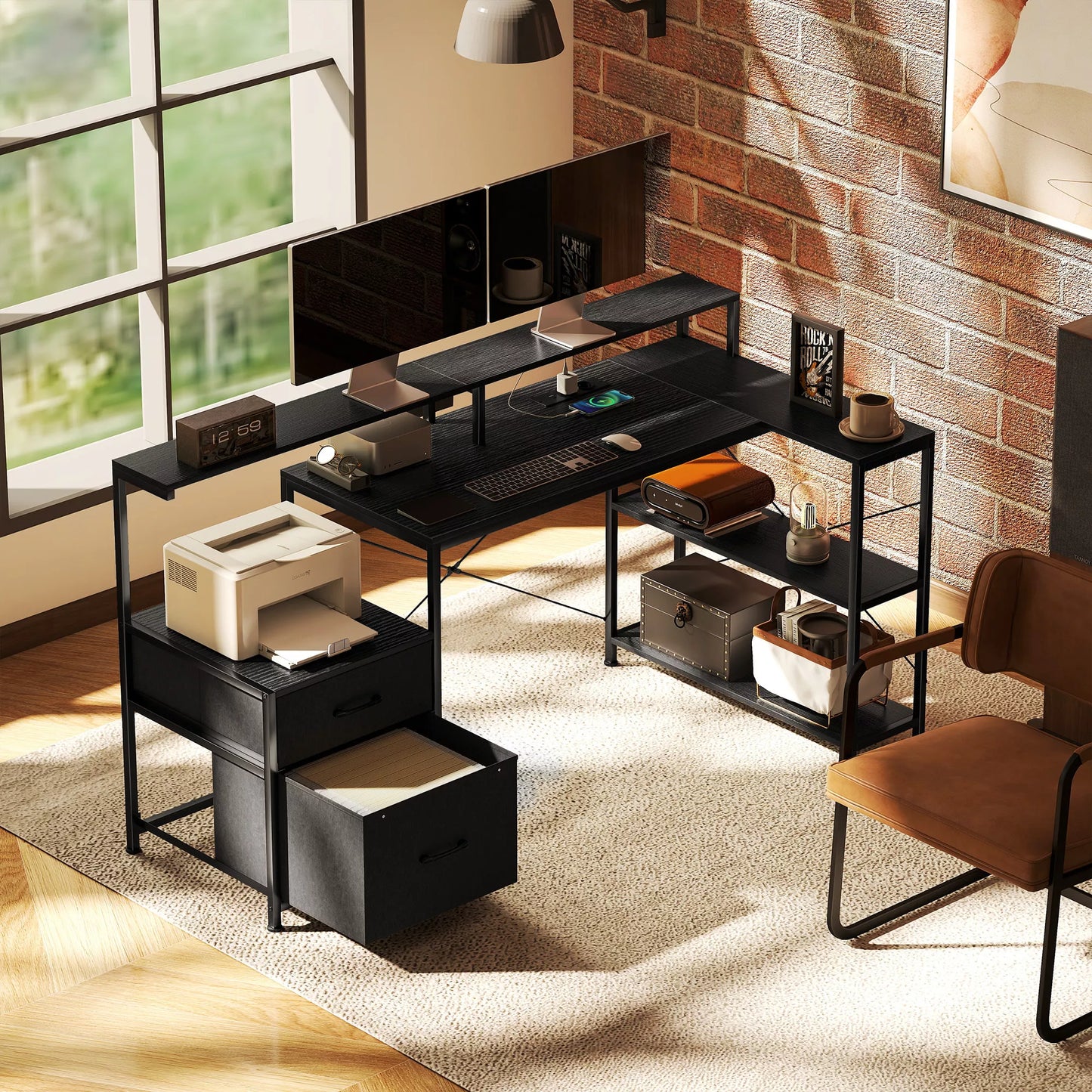 L formos žaidimų stalas, su LED apšvietimu ir įkrovimo lizdais, medžio imitacija/plienas, 165x80x91,5 cm