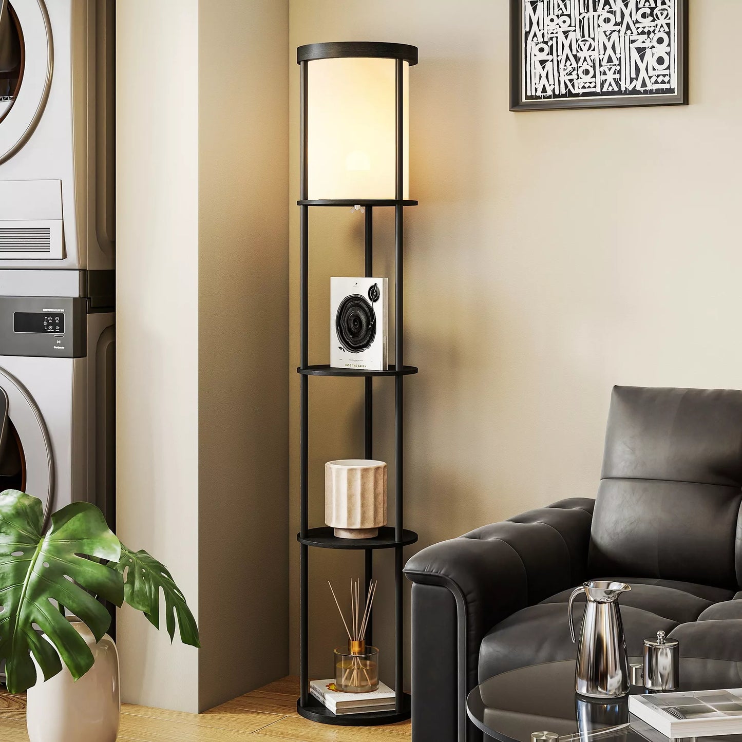 Pastatomas šviestuvas su 3 lentynomis, apvalaus dizaino, su nuotolinio valdymo pultu, su kojiniu jungikliu, reguliuojama šviesos temperatūra, skirta svetainei, juodas