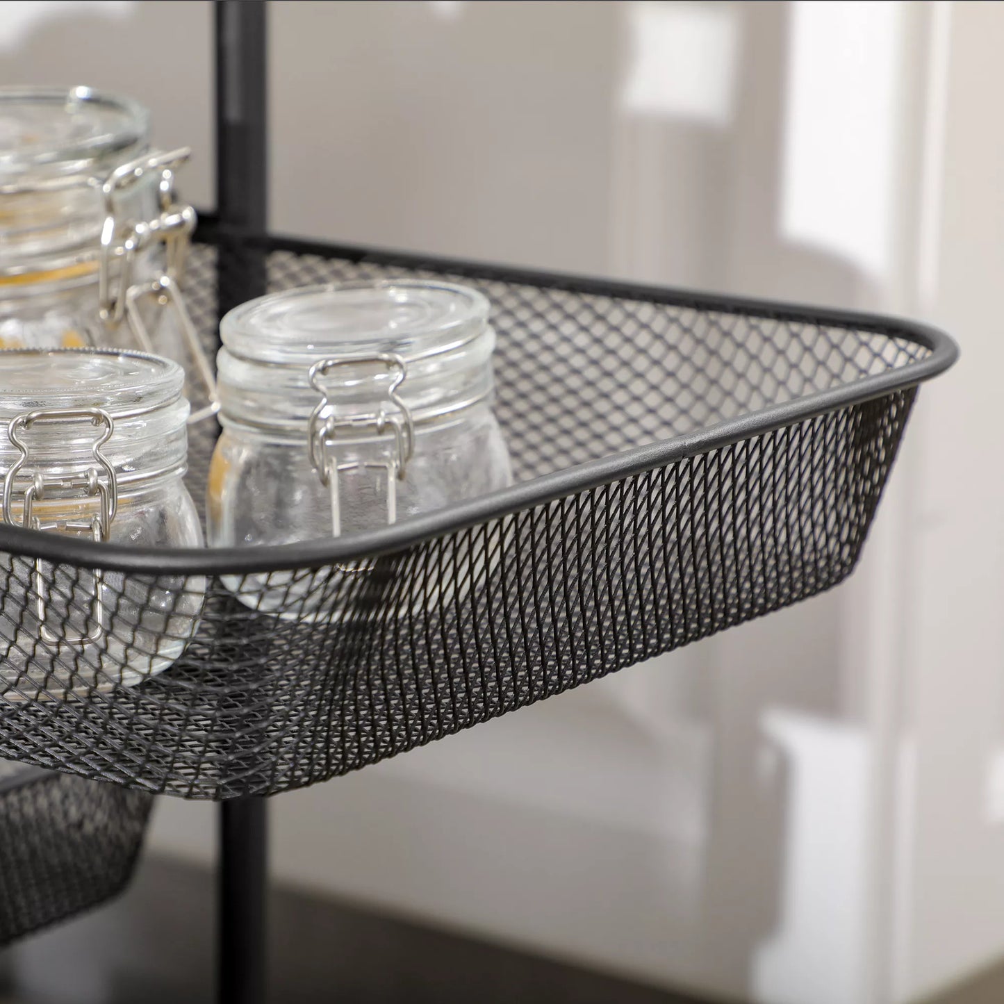 Vežimėlis su 4 krepšeliais, virtuvės vežimėlis, 4 ratai su 2 stabdžiais, universalus vežimėlis, juodas, 41,5 x 31 x 66 cm