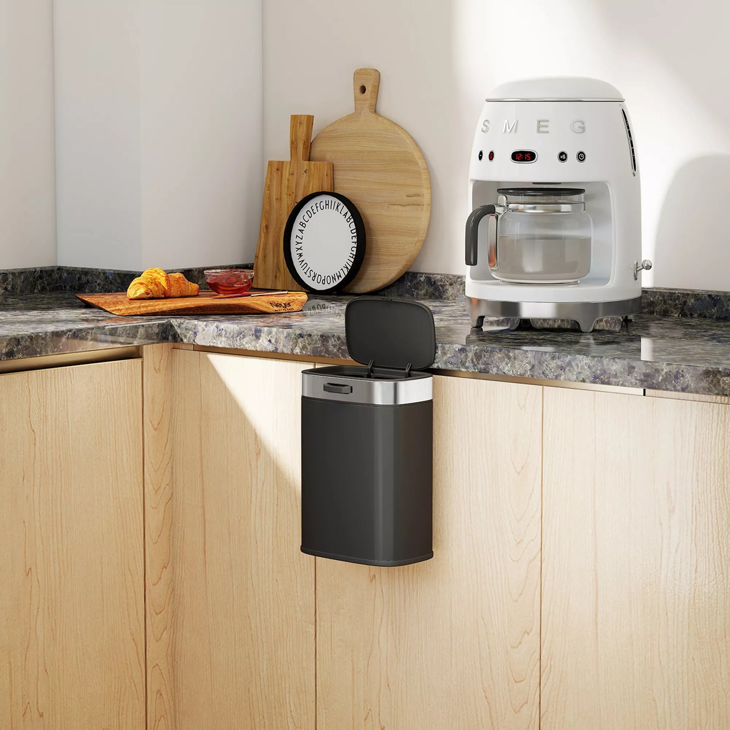 Šiukšliadėžė, nerūdijančio plieno virtuvės šiukšliadėžė su atidaromu dangčiu, išimamu vidiniu kibiru, 21,5x19,5x30 cm, juoda