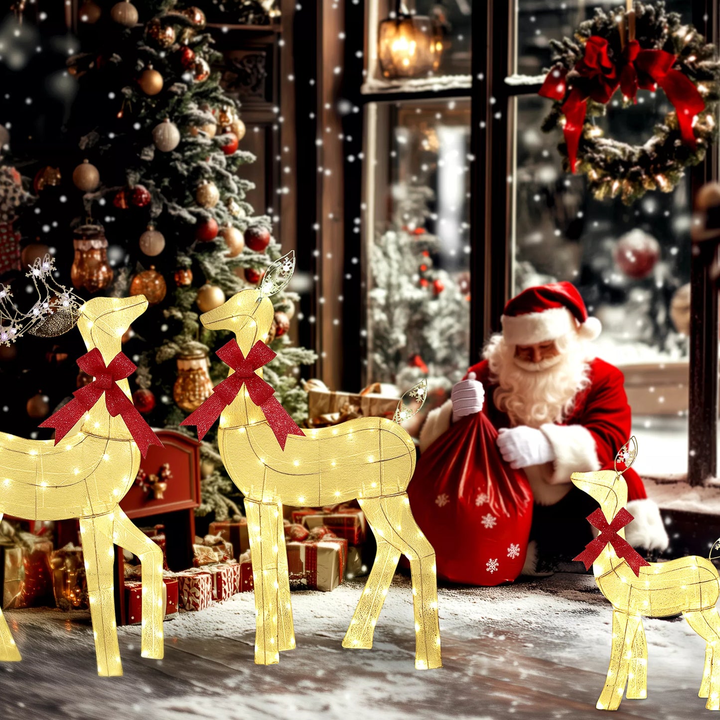 3 dalių Kalėdinė dekoracija, briedžių šeima su LED apšvietimu, raudona kaspinėlis, plienas, poliesteris, atsparus vandeniui