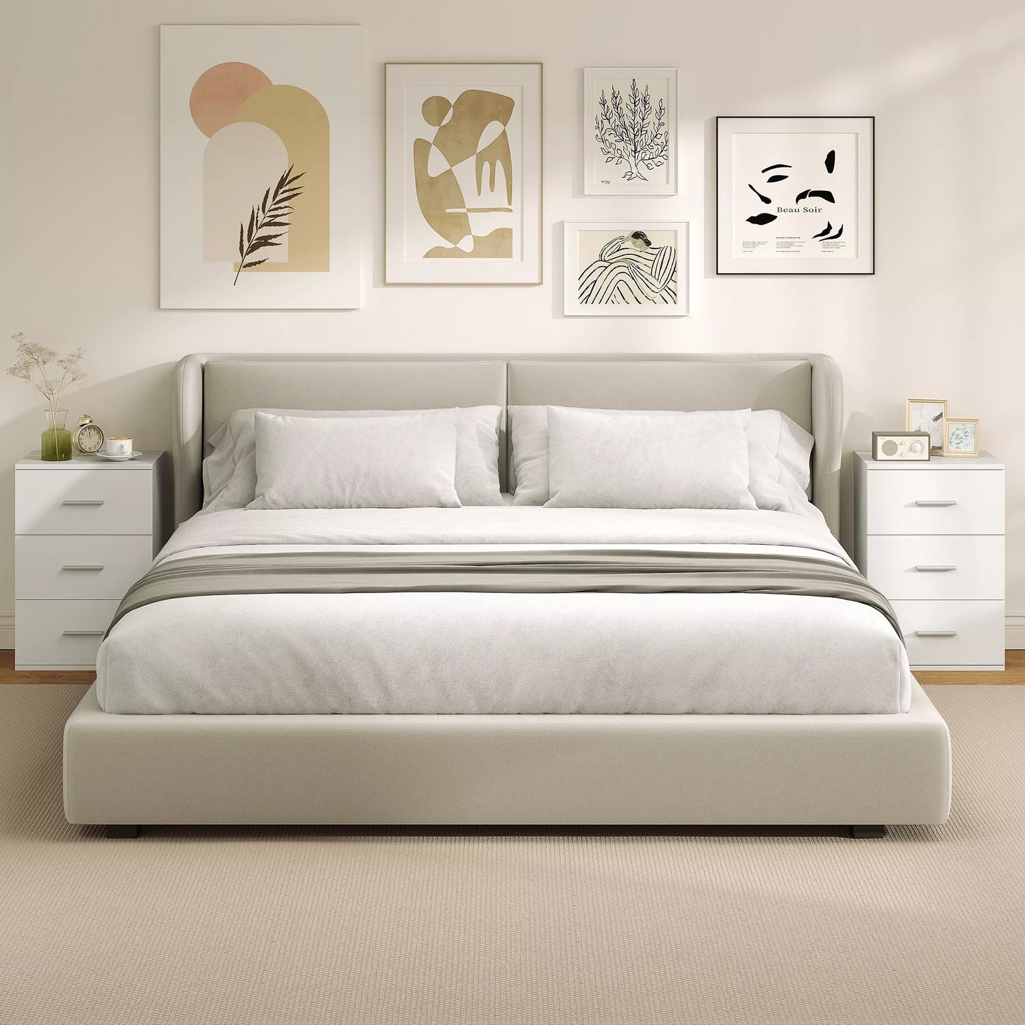 Naktinis staliukas su 3 stalčiais, komoda miegamajam, MDF, balta