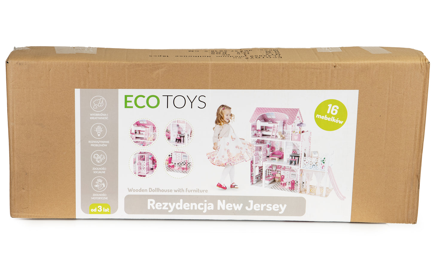 Medinis lėlių namas su liftu XXL ir čiuožykla ECOTOYS