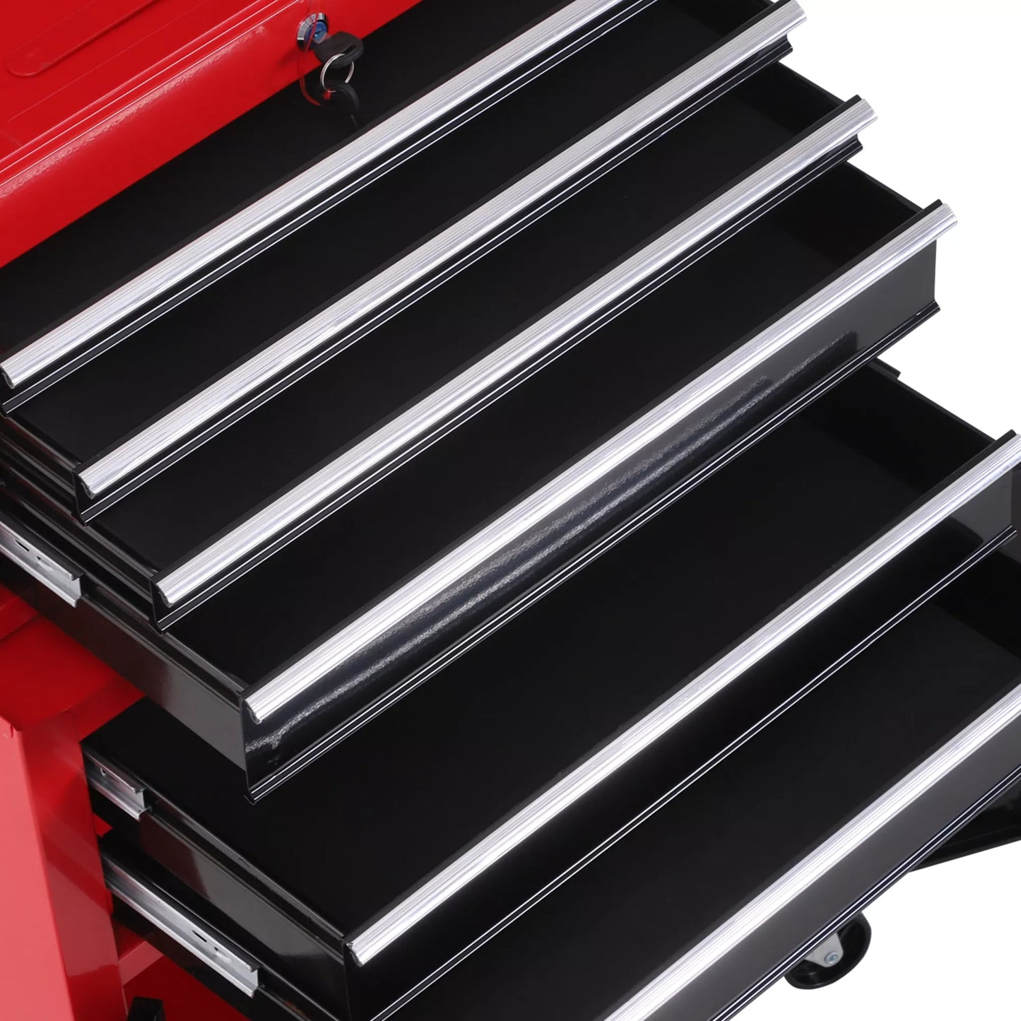 Ratinė įrankių spinta su dėže, 6 stalčiai, metalinė, raudona
