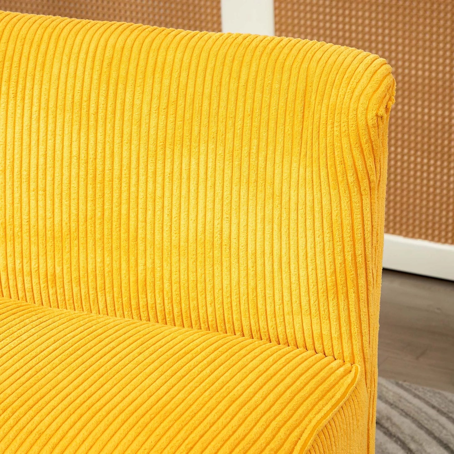 Dviejų vietų sofa, elegantiškas skandinaviškas dizainas, masyvus medinis rėmas, iki 150 kg, 117 x 56,5 x 77 cm, geltona.