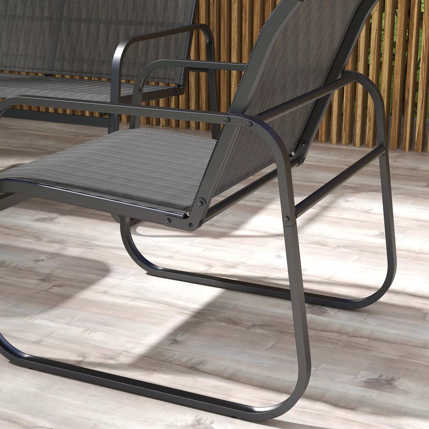 4 dalių sodo komplektas, 2 foteliai, 2 vietų sofa, stalas su stikliniu stalviršiu, kvėpuojantis audinys, metalinis rėmas, juodas