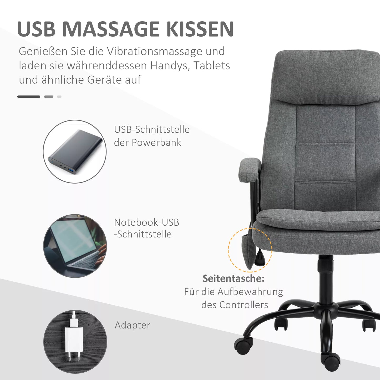Biuro kėdė su masažu, aukščio reguliavimo, vadovo kėdė, žaidimų kėdė su masažo funkcija, ergonomiška sukama kėdė, masažinis krėslas, juosmens masažas, pilkos spalvos, su lino pojūčiu, 63 x 70 x 112-121 cm
