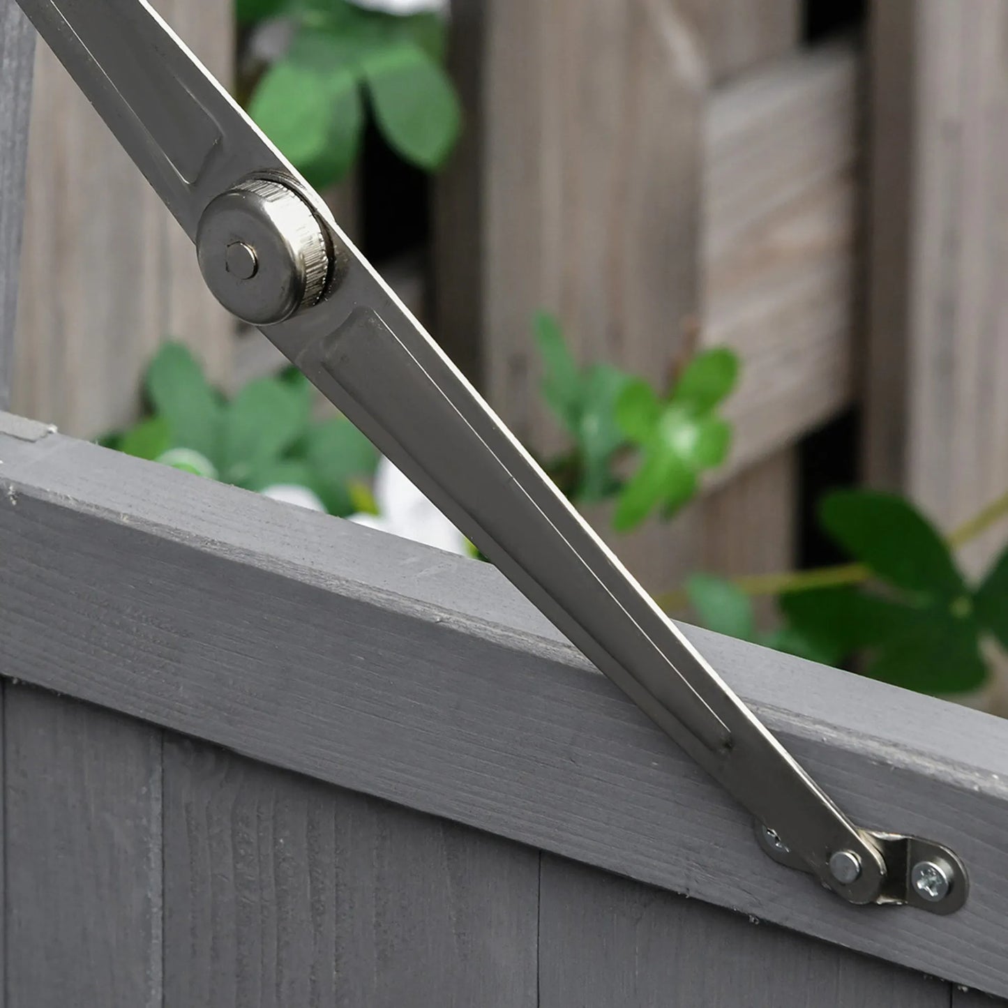 Sandėliavimo spintelė, dvigubos durys, pakeliamas dangtis, 2 lentynos, atsparus oro sąlygoms, natūralaus medžio, pilka, 74 x 43 x 88cm