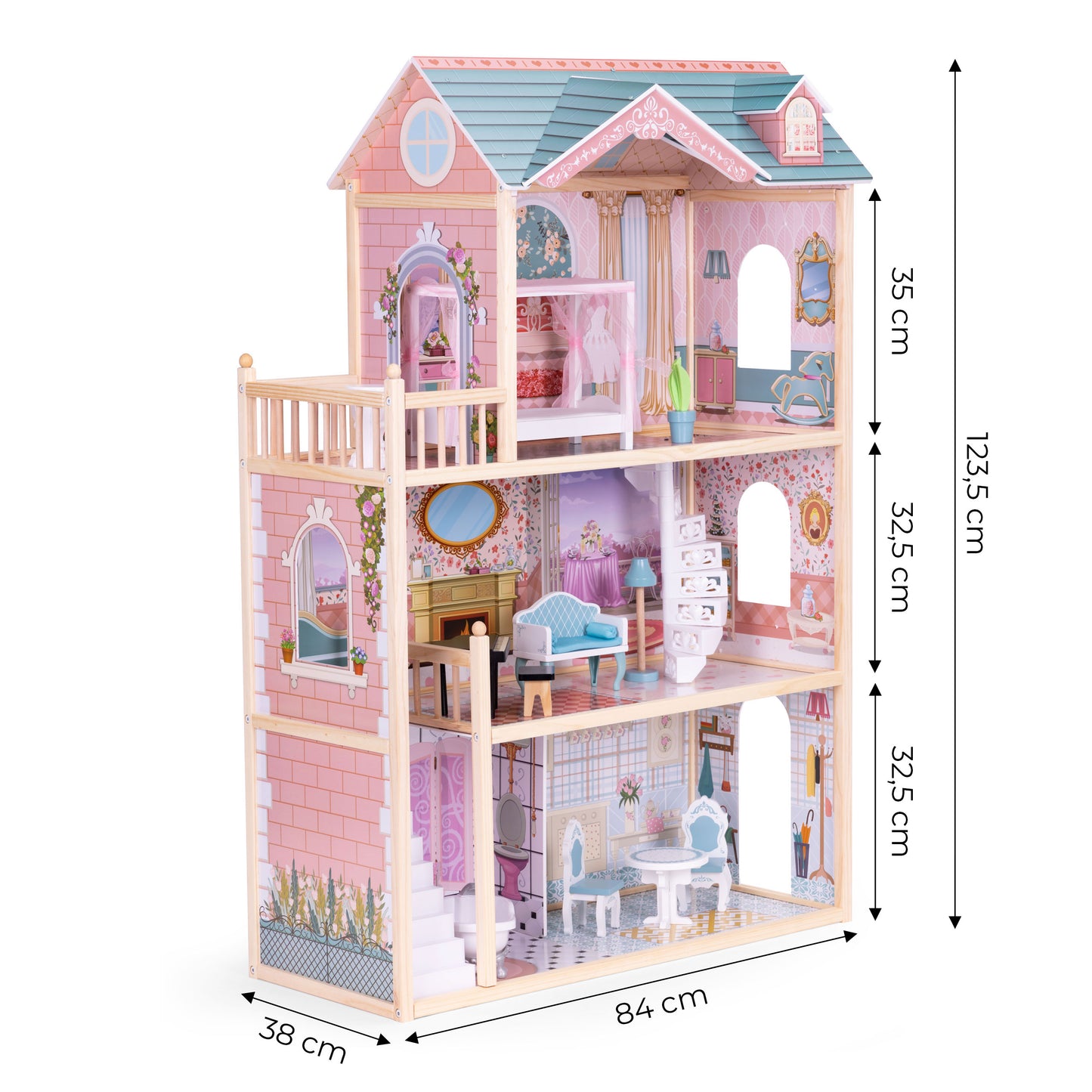 Didelis medinis lėlių namas, 3 aukštų, su 11 baldų komplektu, ECOTOYS