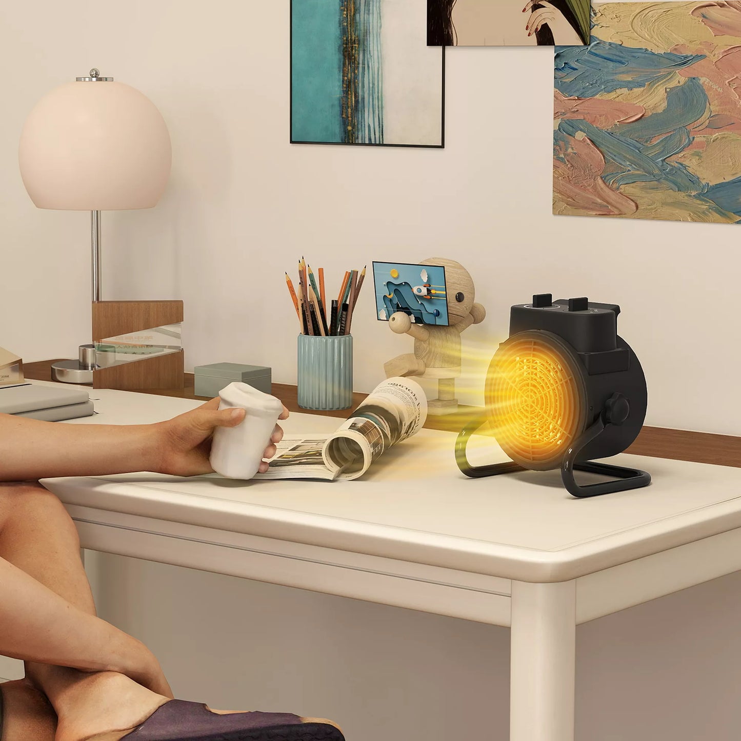 Šildytuvas su ventiliatoriumi, 3 režimų, su reguliuojamu termostatu, rankena, apsauga nuo perkaitimo, 21,5 x 15,8 x 22 cm, Juodas