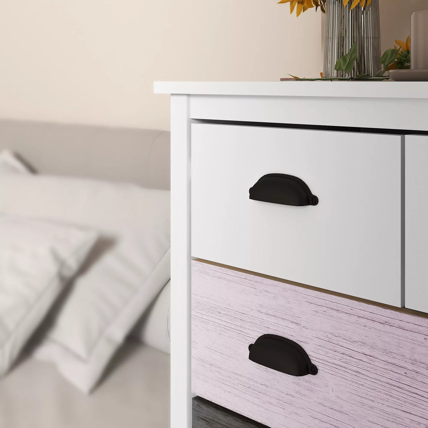 Indauja, komoda, 5 stalčiai, lakuotas paviršius, MDF ir pušies mediena, 70 x 38 x 85 cm, balta