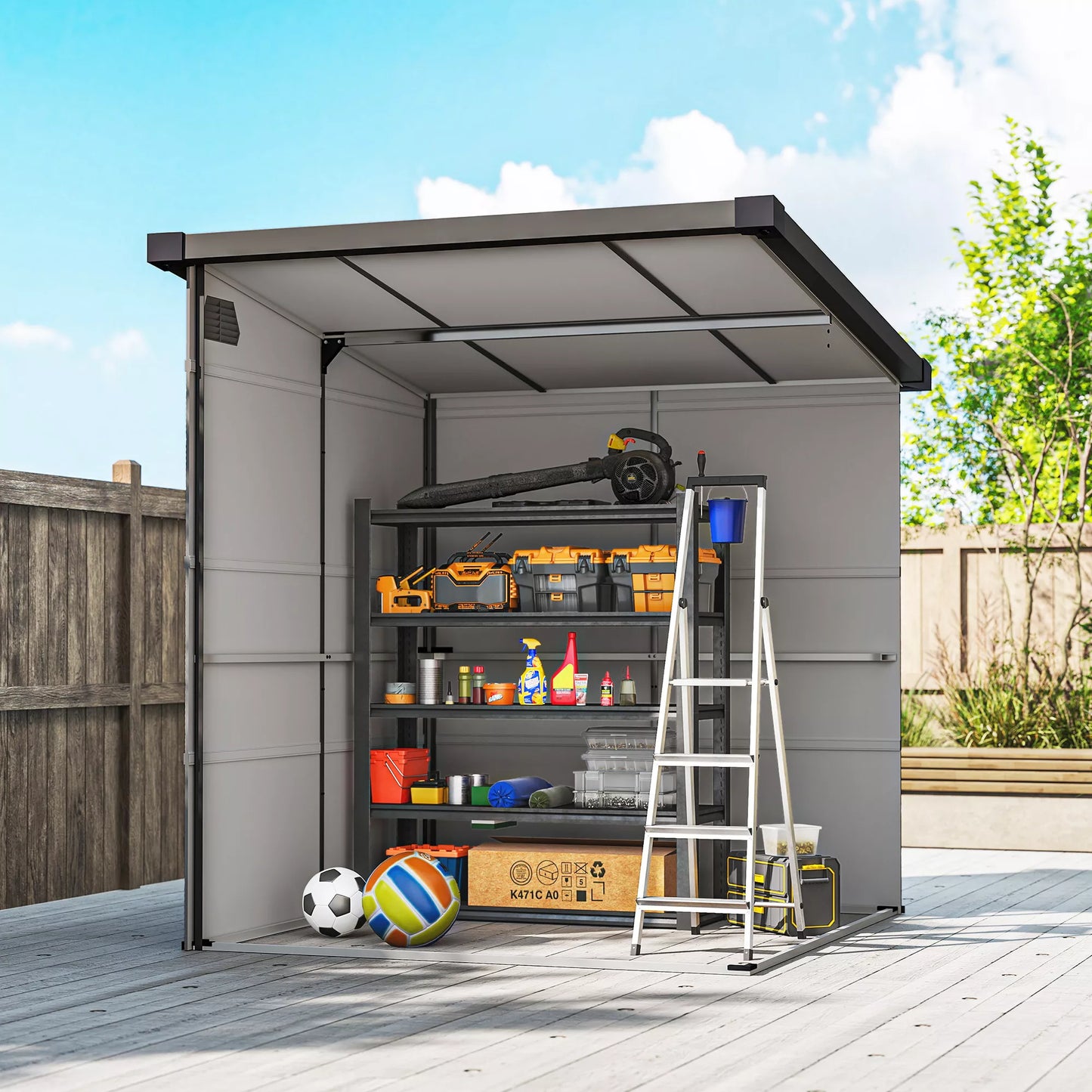 1,9 x 1,9 m sodo ir įrankių namelis iš plastiko, su užrakinamomis durimis, 2 ventiliacijos angomis, šviesiai pilkas