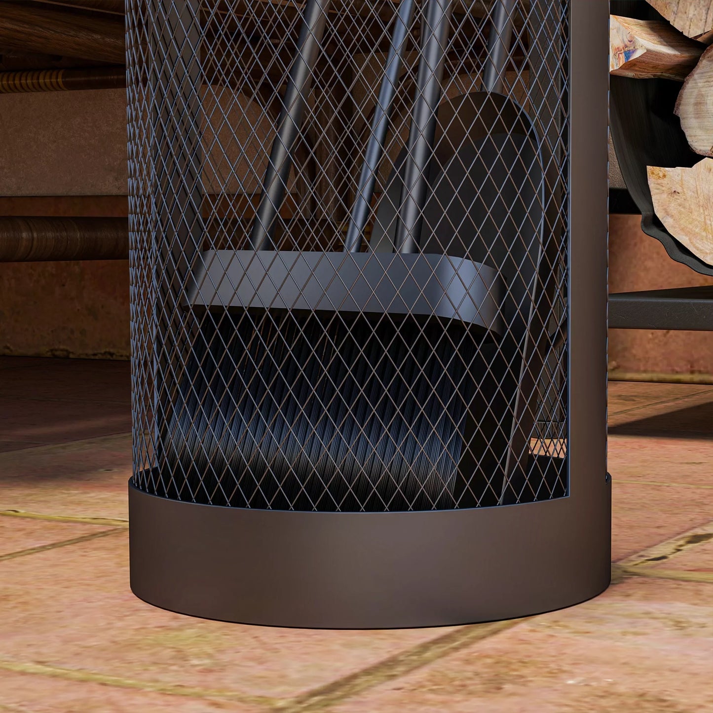 5 dalių židinio įrankių komplektas: šluota, kastuvas, žnyplės, pakūros pagaliukas ir krepšys, pagamintas iš ugniai atsparaus juodo metalo