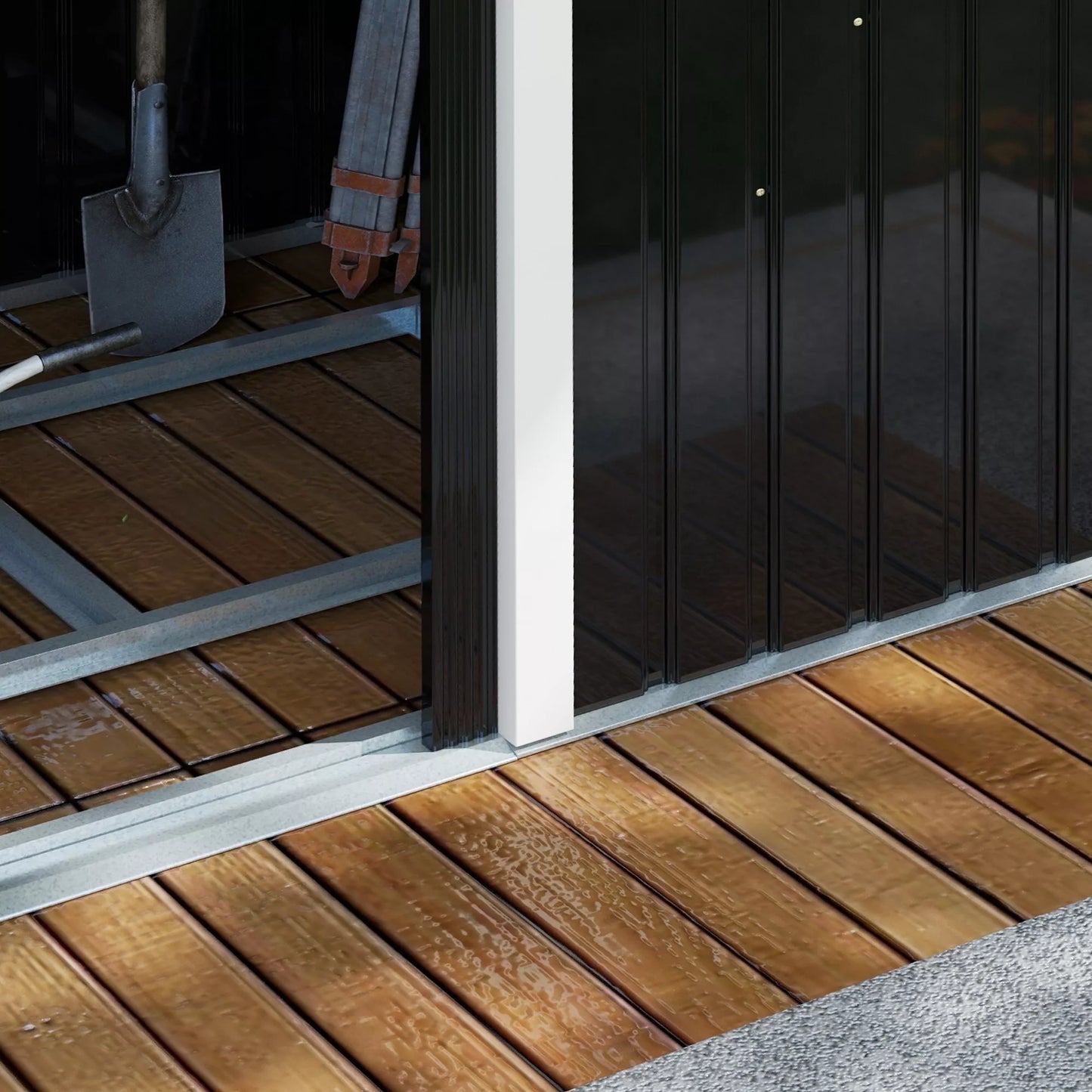 Sodo namelis, įrankių sandėliukas su stumdomomis durimis, vėdinimo langas, plokščias stogas, lauko, plieninis, tamsiai pilkas, 280 x 130 x 172 cm