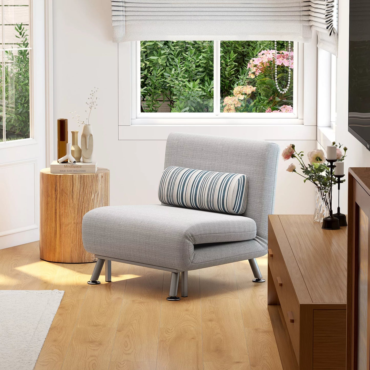 Sulankstomas krėslas su miegojimo funkcija, atlošiamas krėslas su linine išvaizda, reguliuojama atlošas, 75 x 70 x 75 cm, Pilka