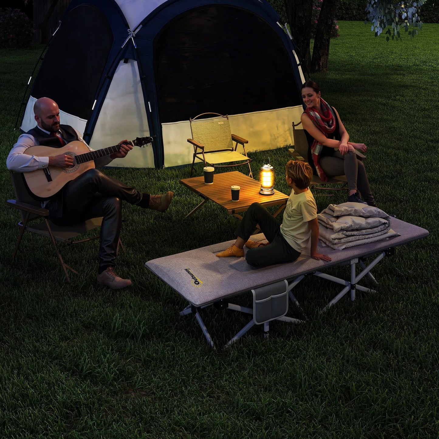 Sulankstoma kempingo lova, minkšta, iki 200 kg, nerūdijančio plieno rėmas, 200x65x42cm, pilka