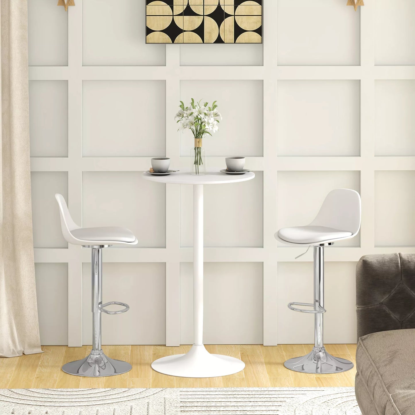 HOMCOM 2 vnt. baro kėdžių komplektas, sukamasis, su atlošu, reguliuojamo aukščio, atlaiko iki 120 kg, 38 x 42 x 82-104 cm, balta