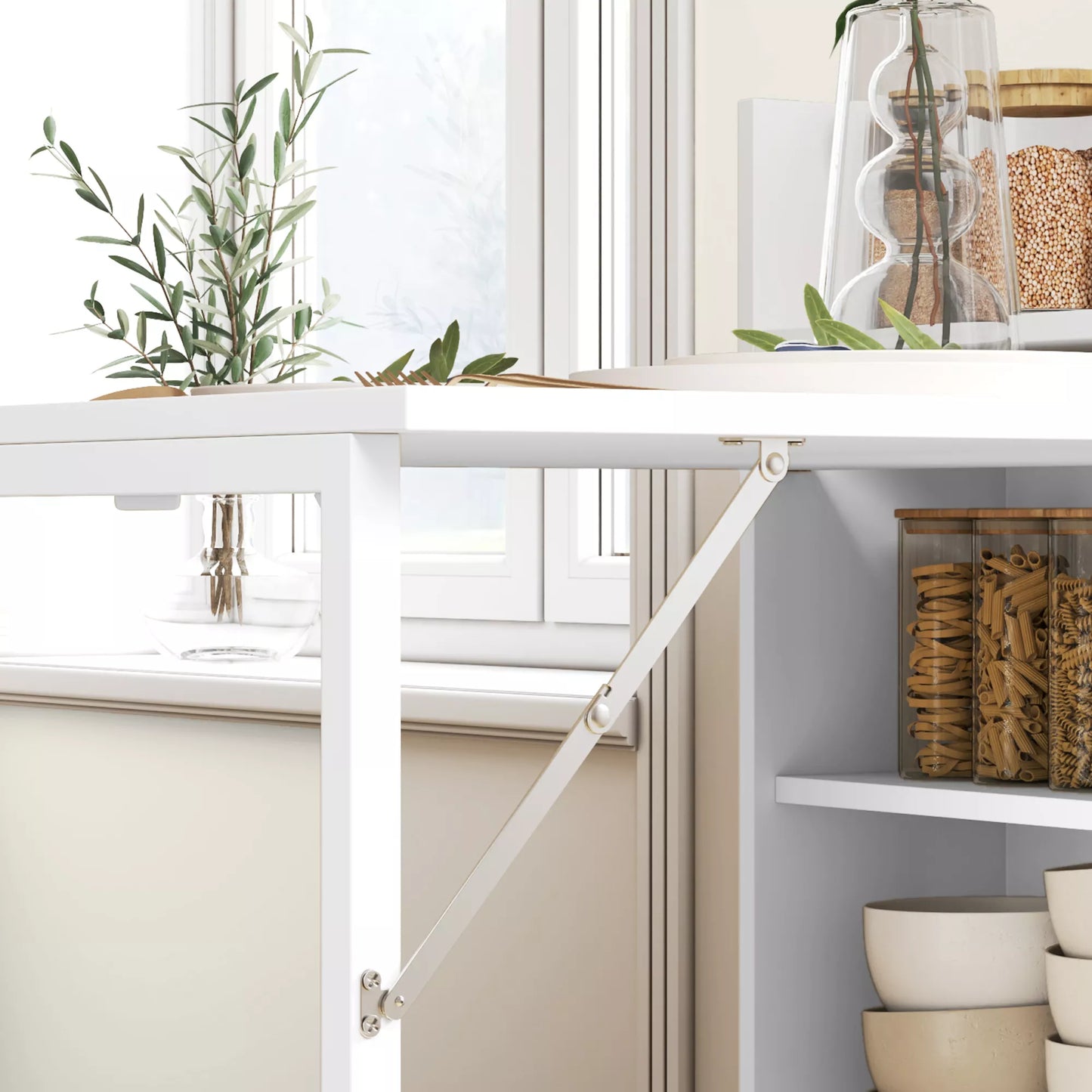 Sulankstomas valgomojo stalas mažoms erdvėms su 4 lentynomis (baltas)