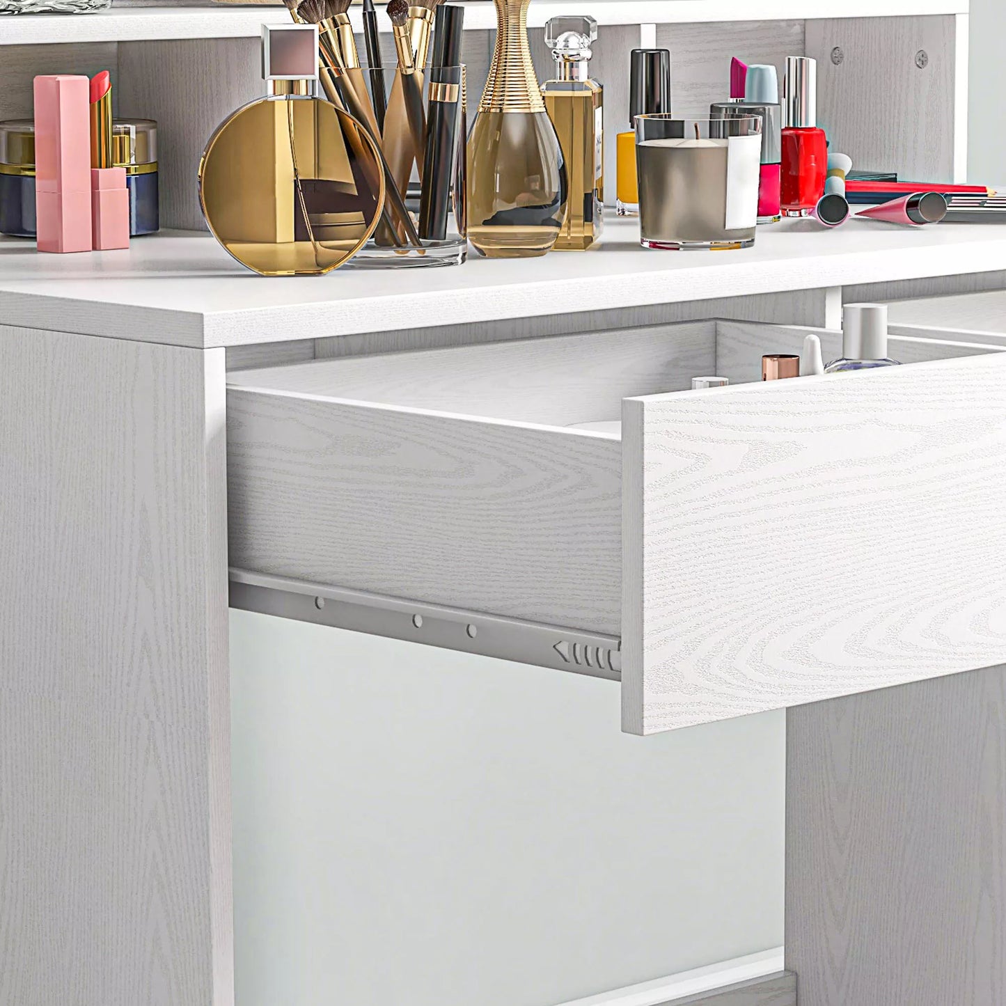 Modernus baltas kosmetinis staliukas su apšviestu veidrodžiu, stalčiais, 3 apšvietimo režimais ir 10 lemputių