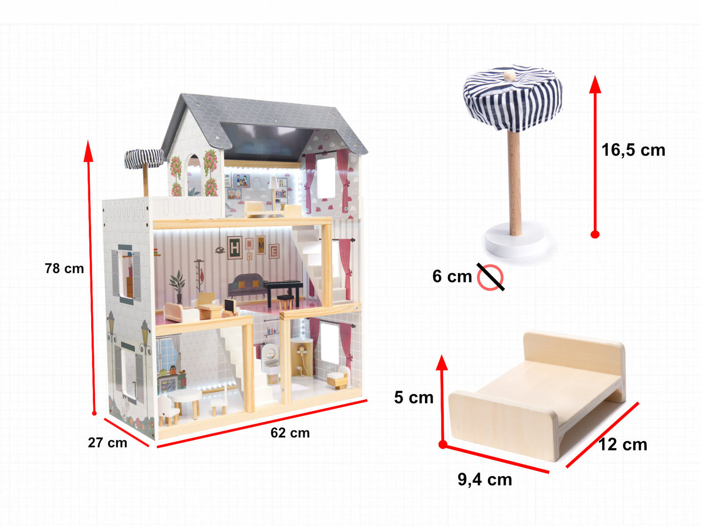 Juodas MDF lėlių namelis su baldais ir LED apšvietimu, 78 cm