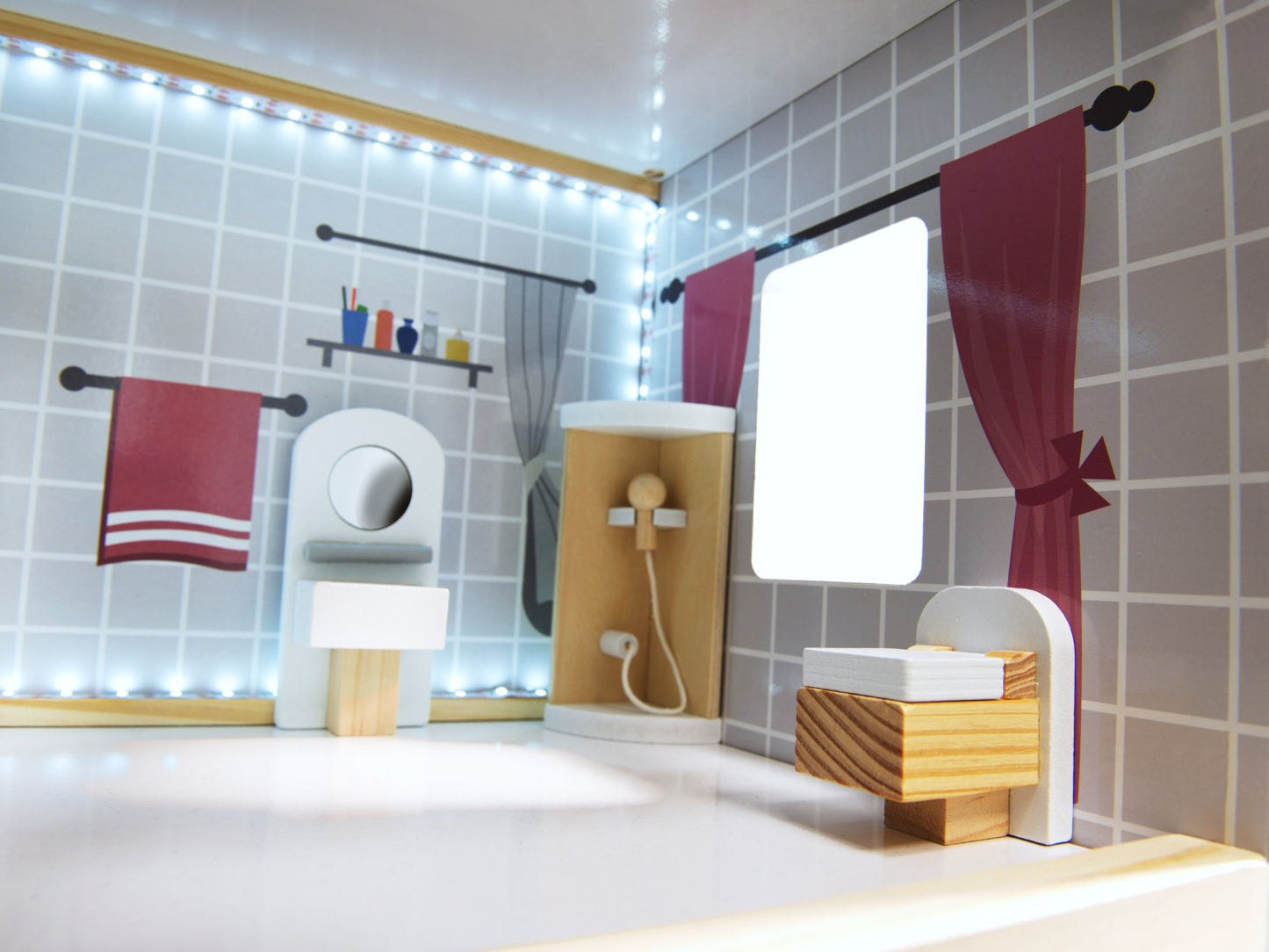 Juodas MDF lėlių namelis su baldais ir LED apšvietimu, 78 cm