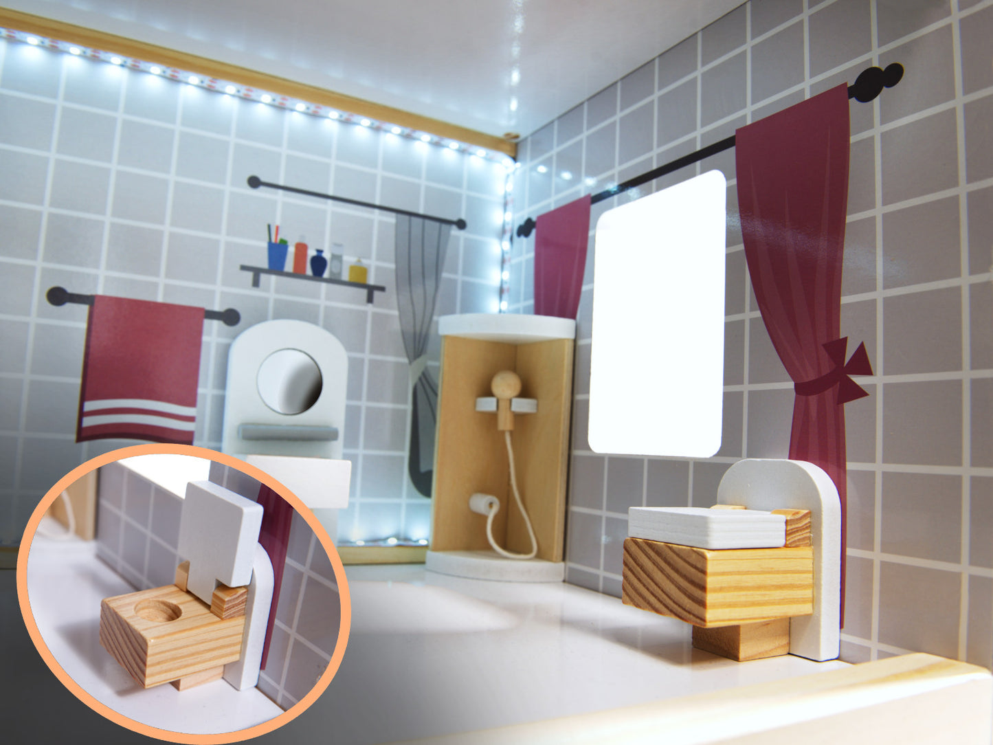 Juodas MDF lėlių namelis su baldais ir LED apšvietimu, 78 cm