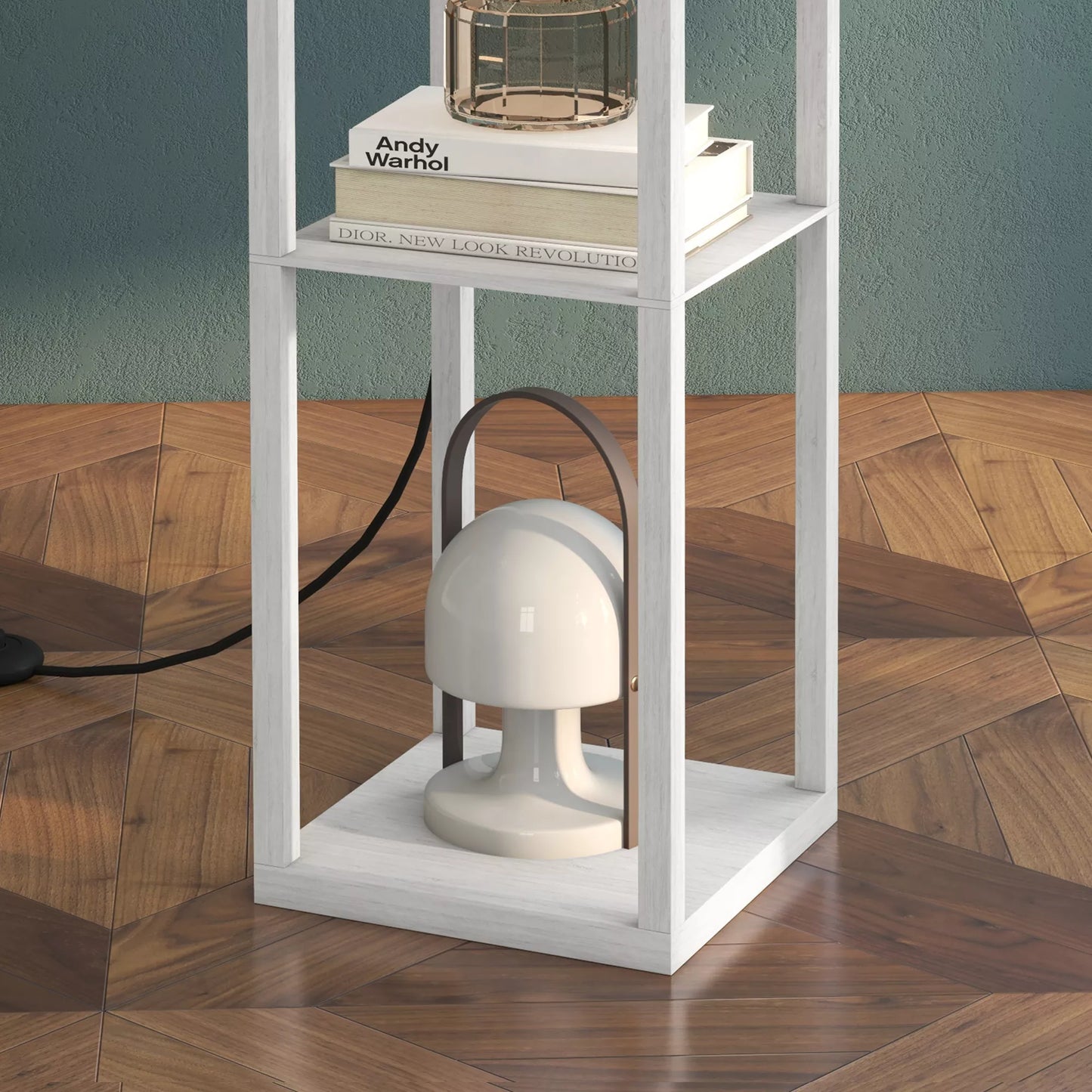 Pastelė lemputė su lentynomis, medinė grindų lempa, 26 x 26 x 160 cm, skirta svetainei/miegamajam (be lemputės)