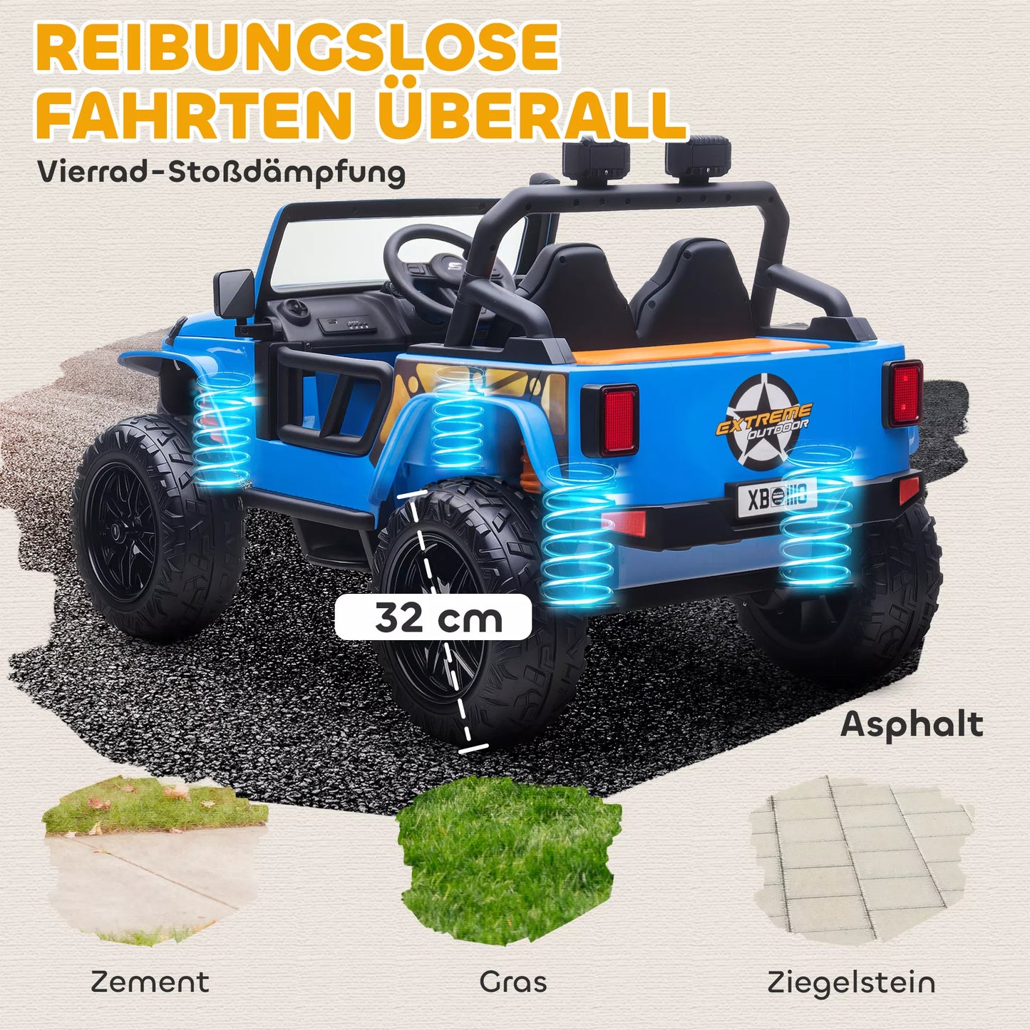 Elektrinis automobilis vaikams, 12 V baterija, su tėvų ir vaiko sėdynėmis, nuotolinio valdymo pultas, muzika, signalas, LED žibintai, 3–8 metai, mėlynas