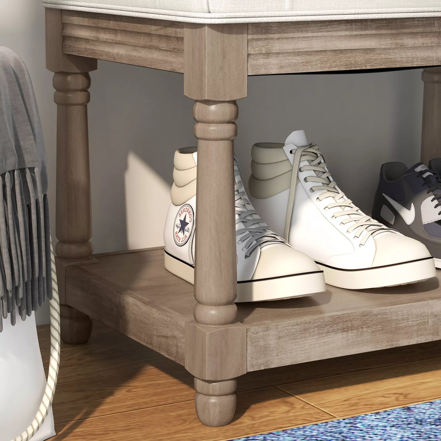 HOMCOM Suoliukas su daiktadėže, vintažinio dizaino, su sagčių apdaila, pagamintas iš kaučiukmedžio, 115x40x48cm, kreminės baltos spalvos