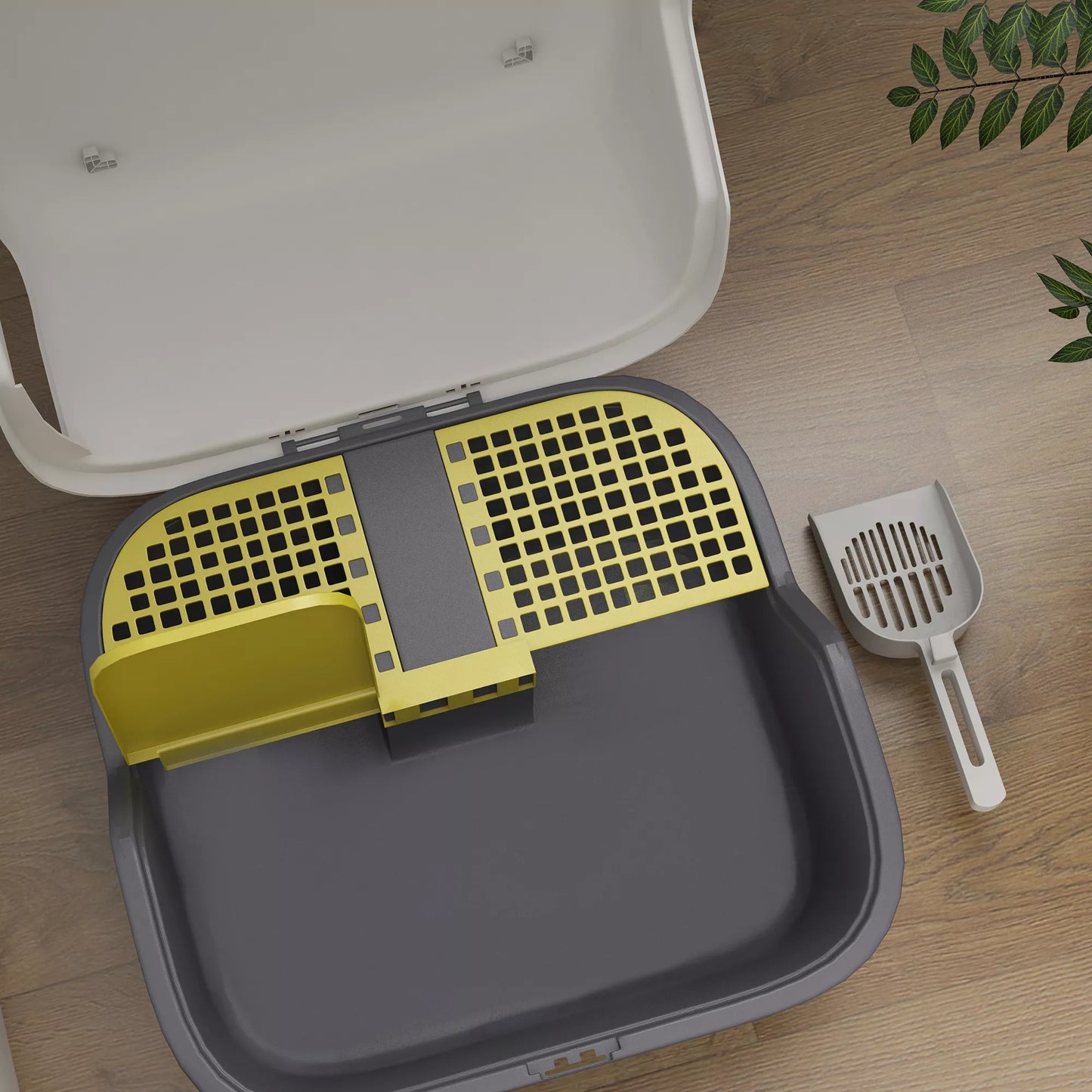 Katės tualetas, katino dėžutė su dangčiu ir kastuvėliu, lengvai valomas, uždaromas, balta