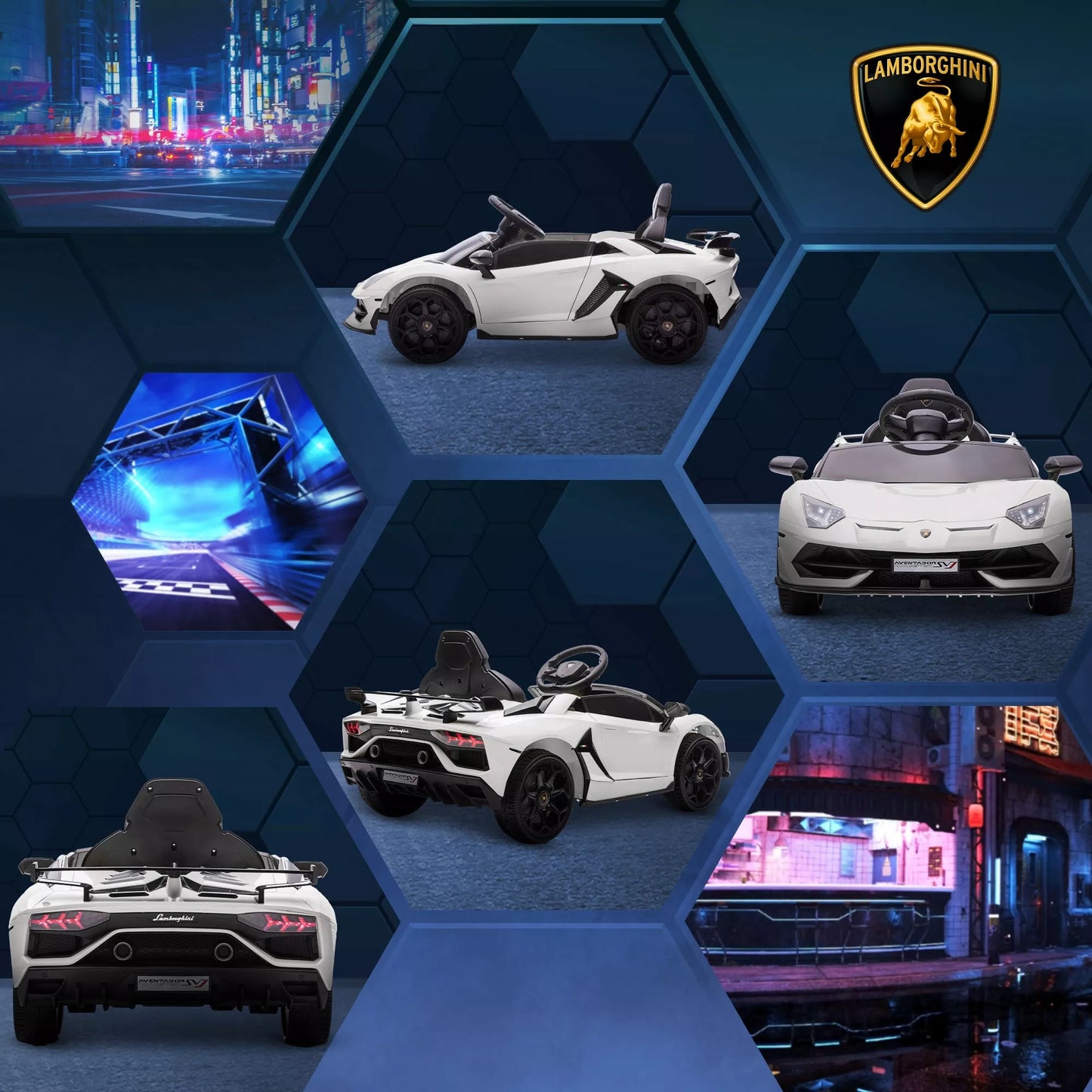 Elektrinis vaikiškas automobilis, licencijuotas Lamborghini Aventador, atidaromos į viršų durelės, muzika, signalas, 3-5 metų vaikams, baltas