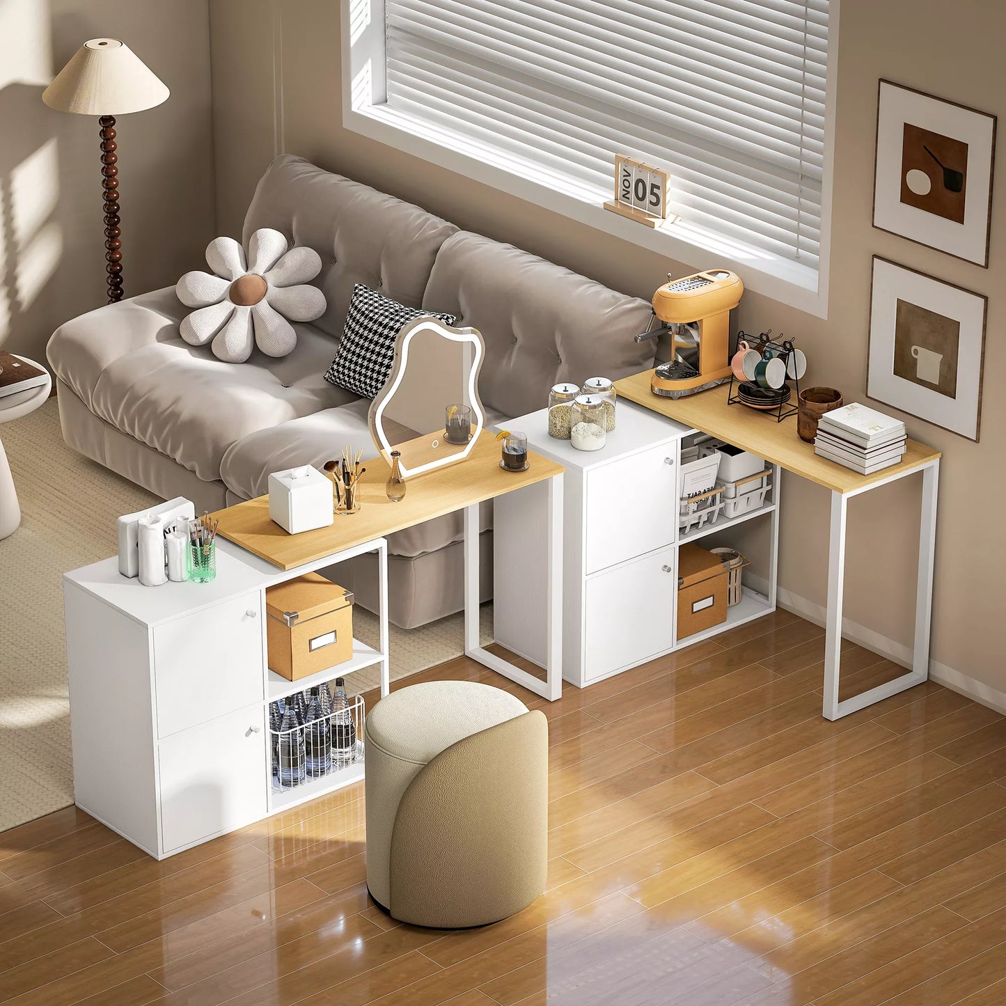 L formos rašomasis stalas, 360° kampinis pasukamas stalas su 2 sandėliavimo spintelėmis, 2 atviromis lentynomis, kompiuterio stalas mažoms erdvėms, darbo kambariui, svetainei, 150x40x75 cm, balta